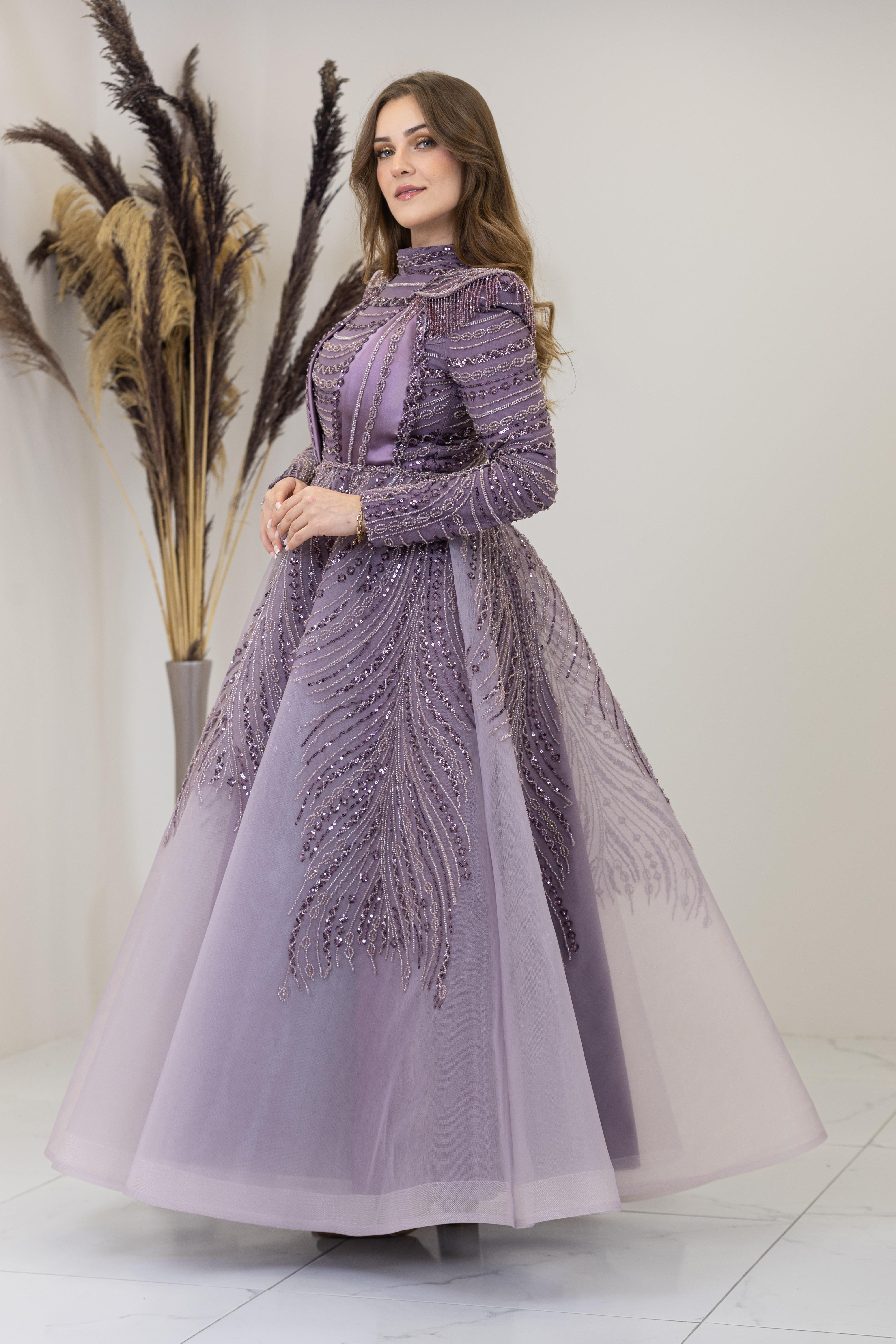 Önü Drapeli Omzu Boncuk Vatkalı Liyon Abiye - Lila