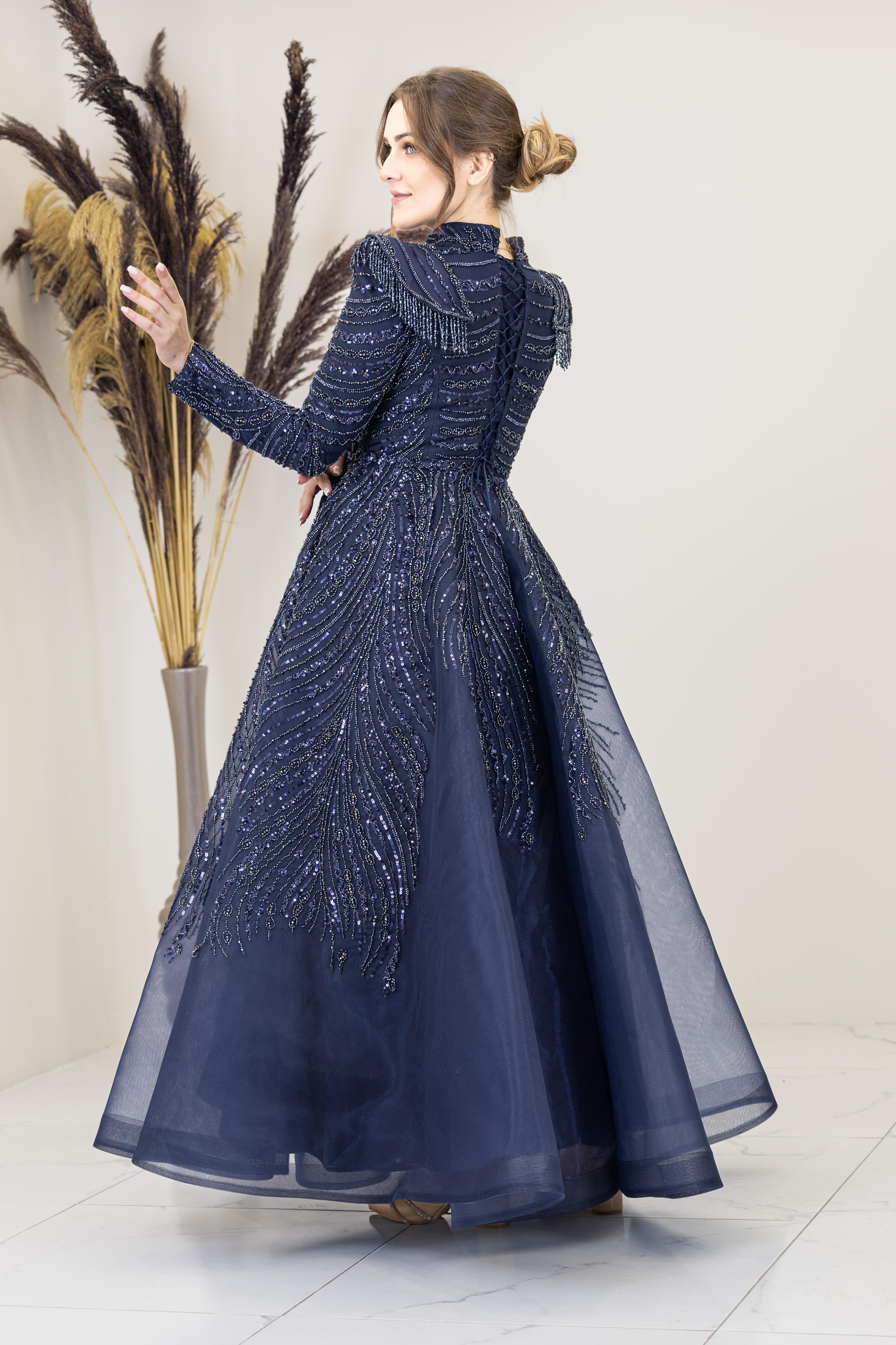 Önü Drapeli Omzu Boncuk Vatkalı Liyon Abiye - Lacivert