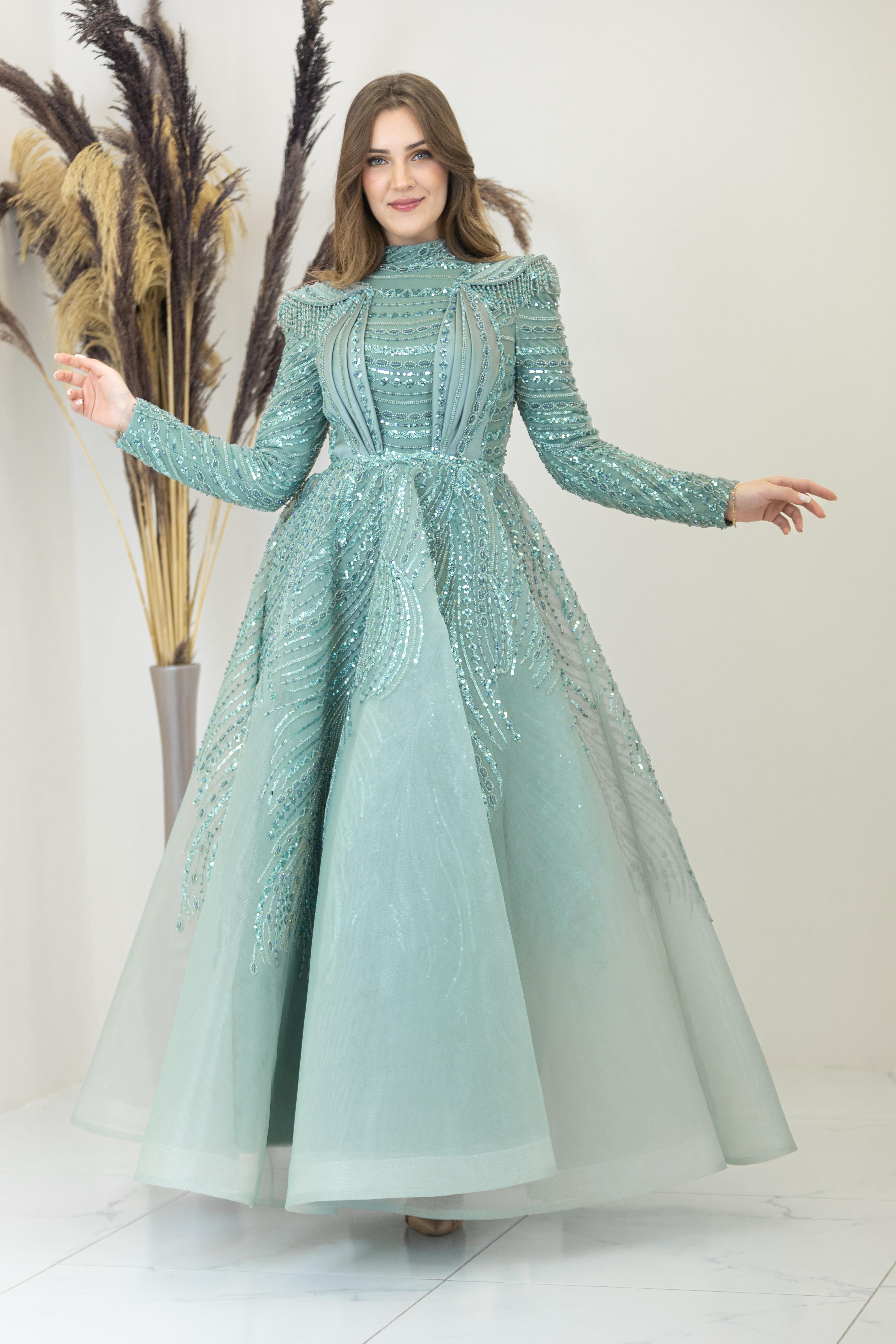 Önü Drapeli Omzu Boncuk Vatkalı Liyon Abiye - Çağla