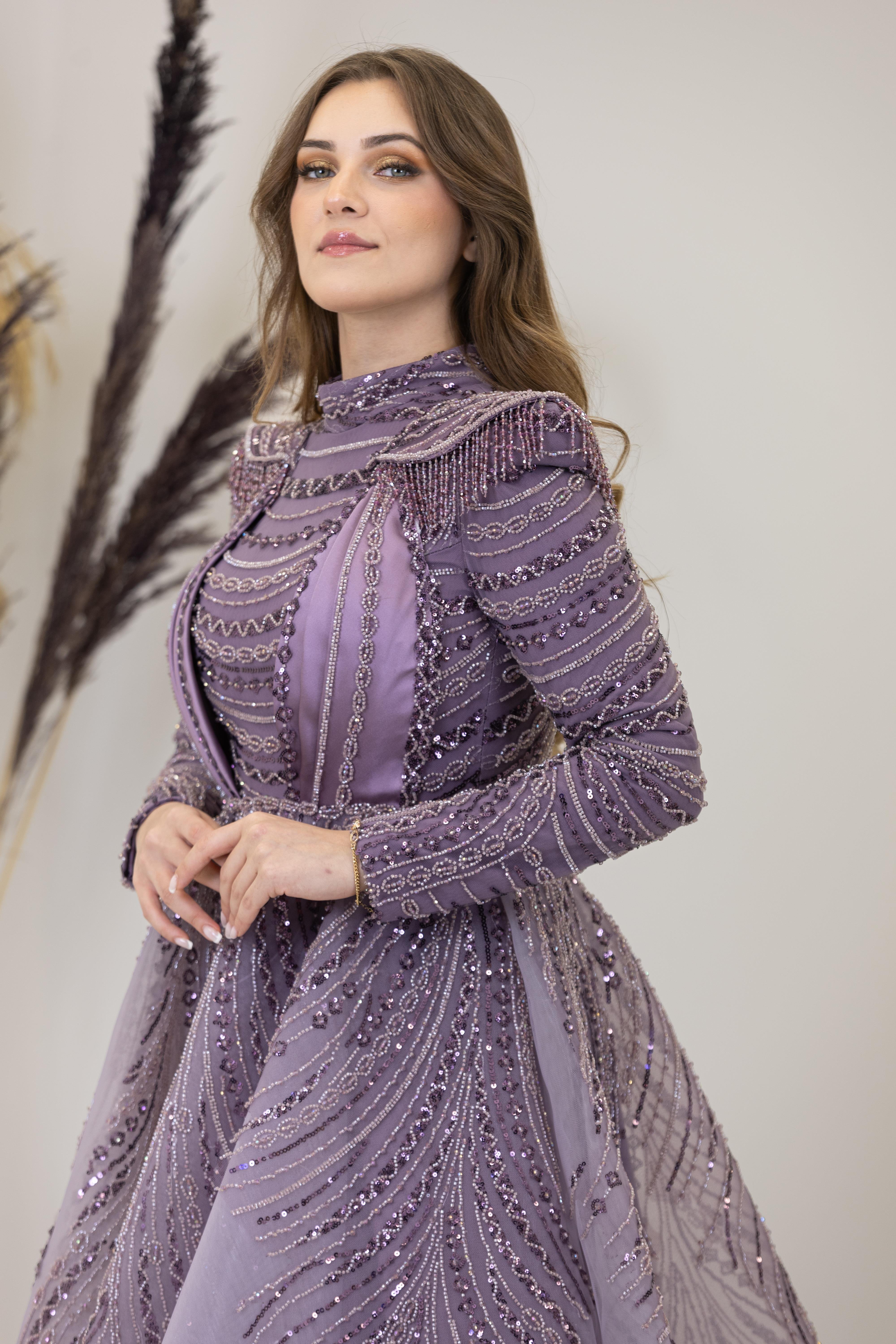 Önü Drapeli Omzu Boncuk Vatkalı Liyon Abiye - Lila