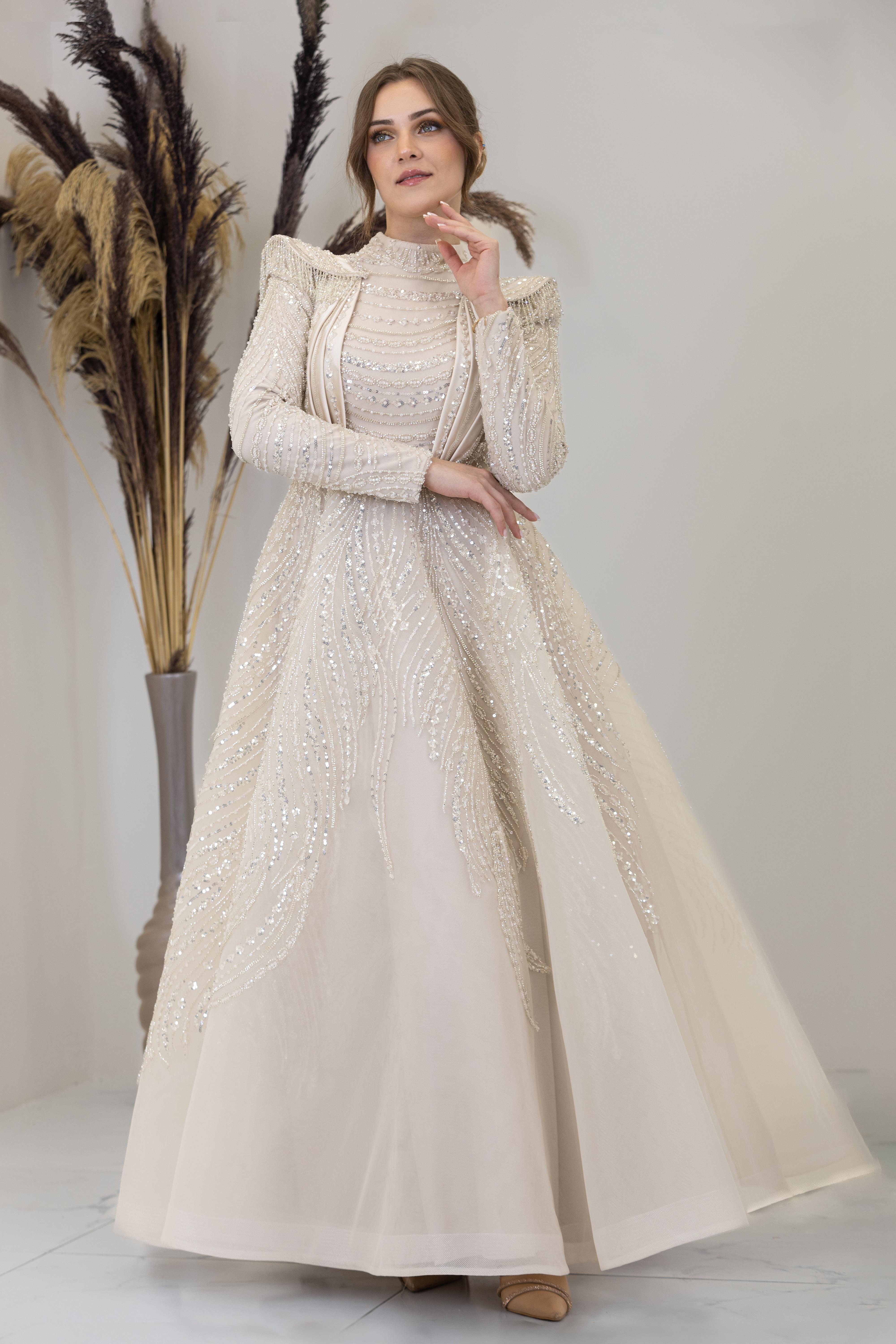 Önü Drapeli Omzu Boncuk Vatkalı Liyon Abiye - Taş Rengi