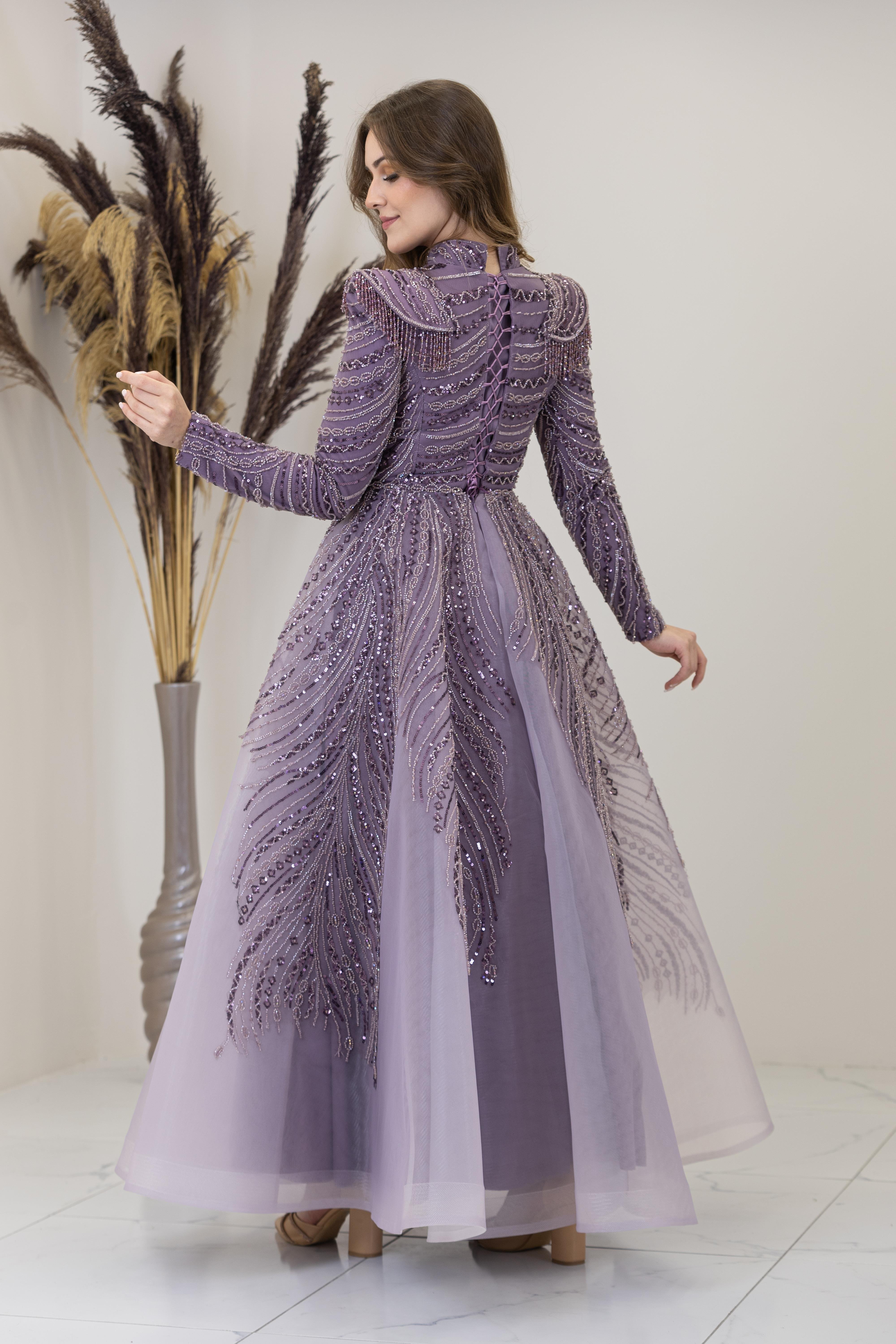 Önü Drapeli Omzu Boncuk Vatkalı Liyon Abiye - Lila