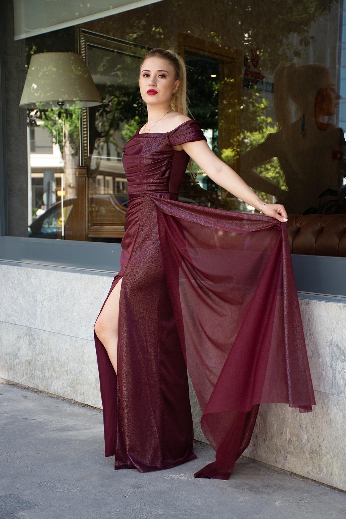 Önü Drapeli Yandan Yırtmaçlı Alina Abiye Bordo