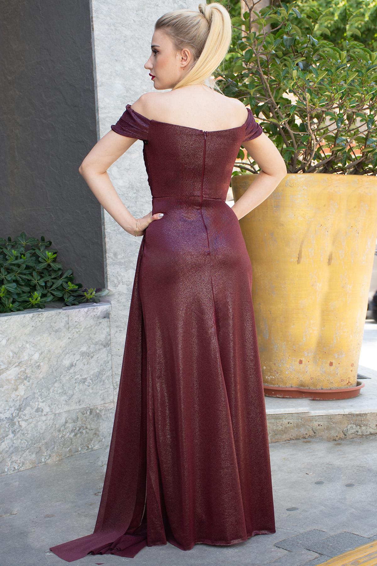 Önü Drapeli Yandan Yırtmaçlı Alina Abiye Bordo