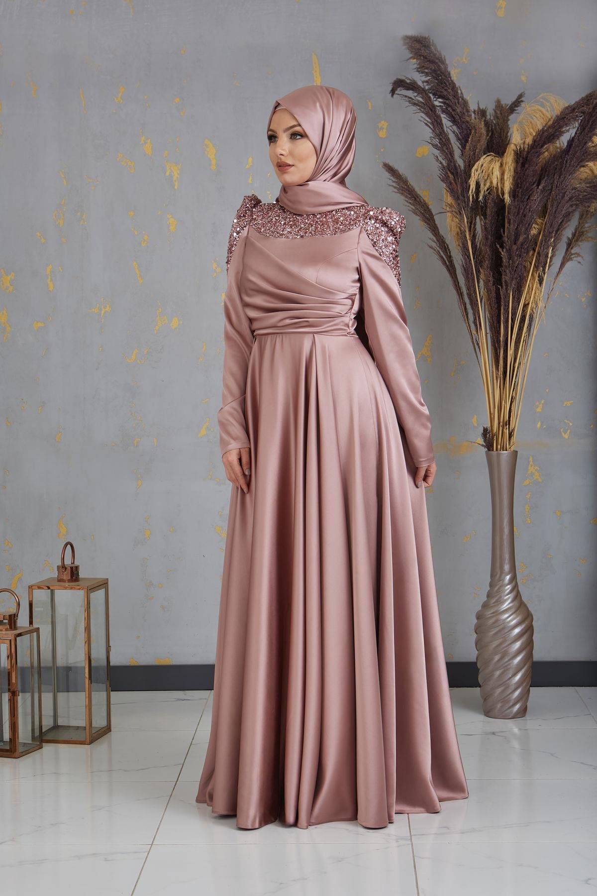 Önü Pul Boncuk İşlemeli Bersu Tesettür Abiye - Gül Kurusu