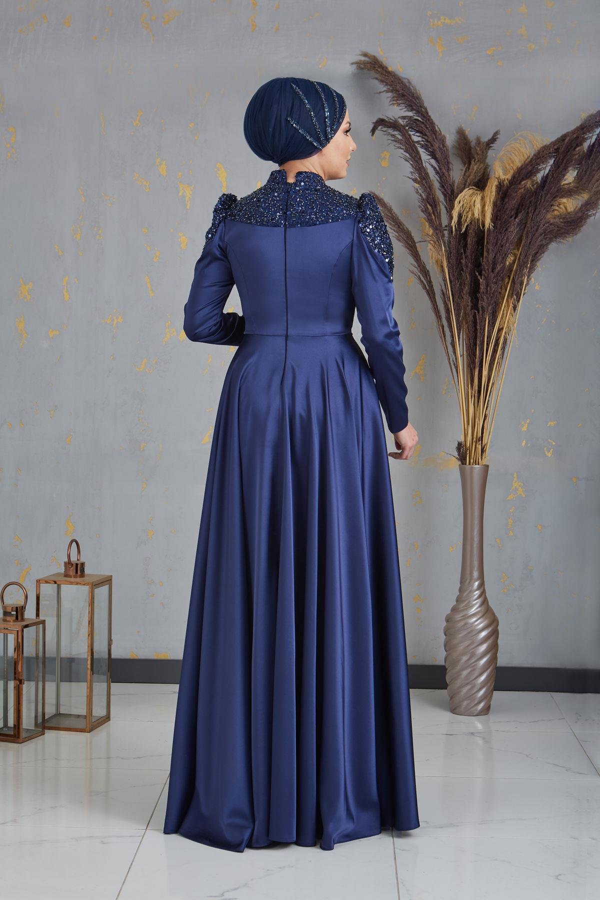 Önü Pul Boncuk İşlemeli Bersu Tesettür Abiye - Lacivert
