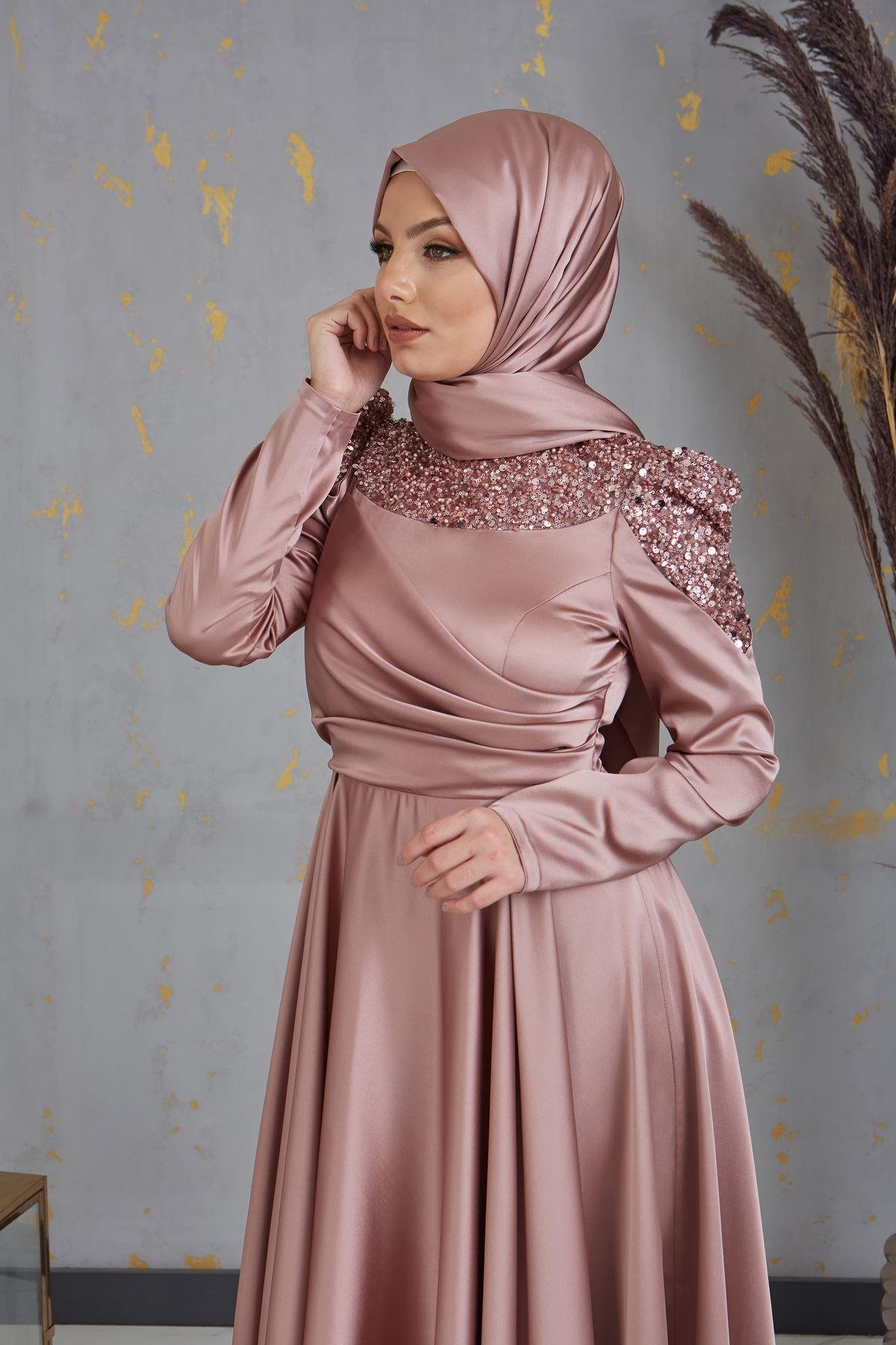 Önü Pul Boncuk İşlemeli Bersu Tesettür Abiye - Gül Kurusu