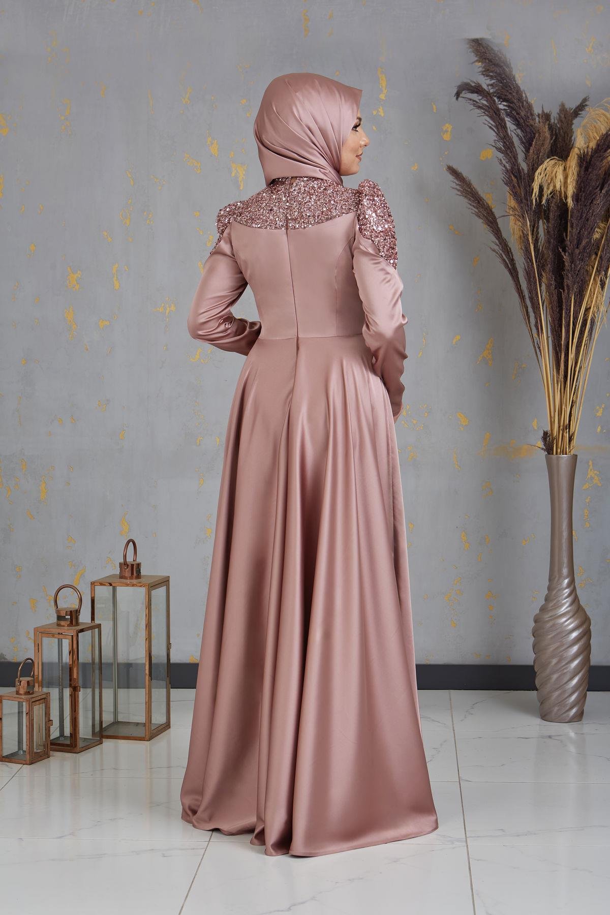 Önü Pul Boncuk İşlemeli Bersu Tesettür Abiye - Gül Kurusu