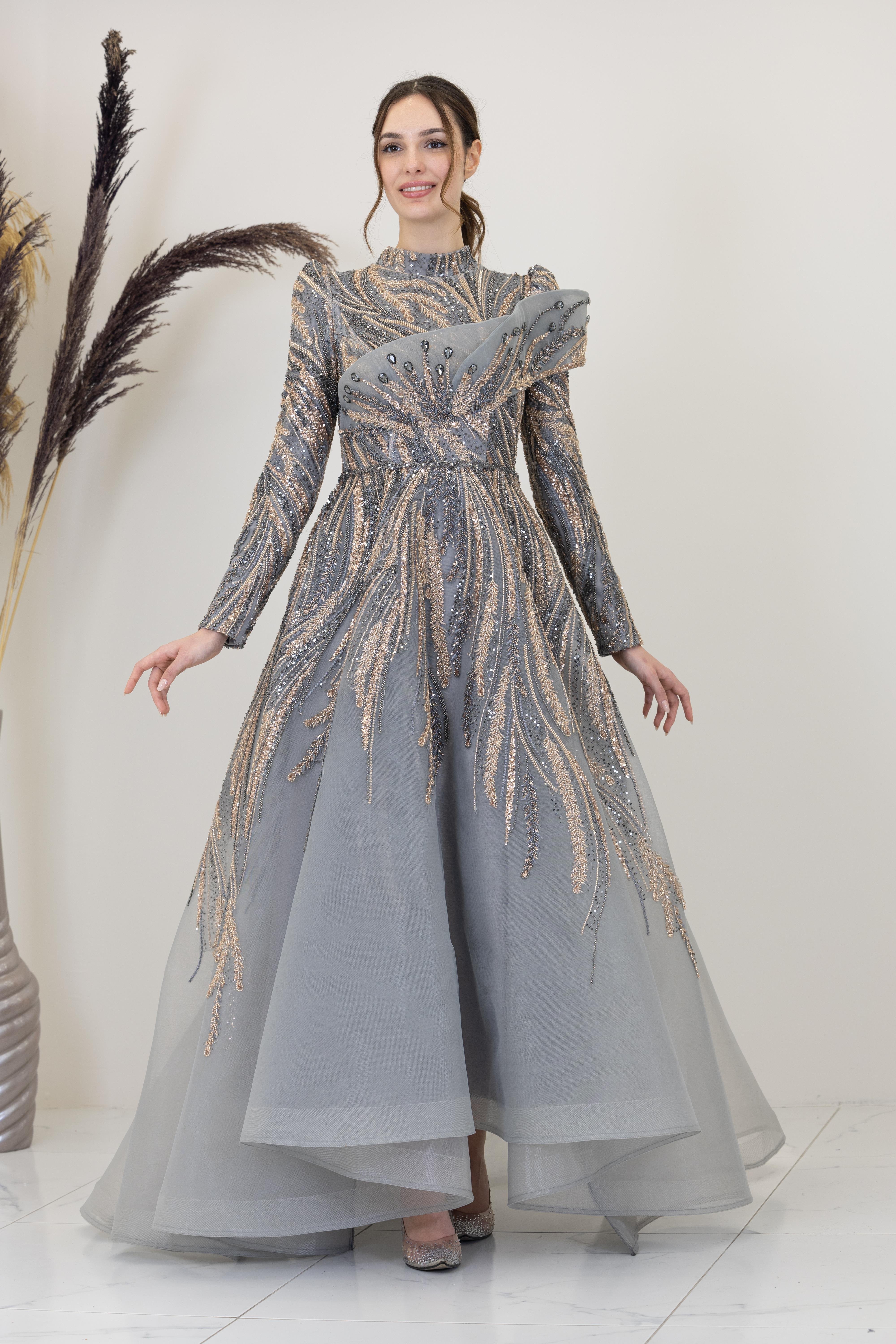 Önü Taşlı Drapeli Yaren Abiye - Gri