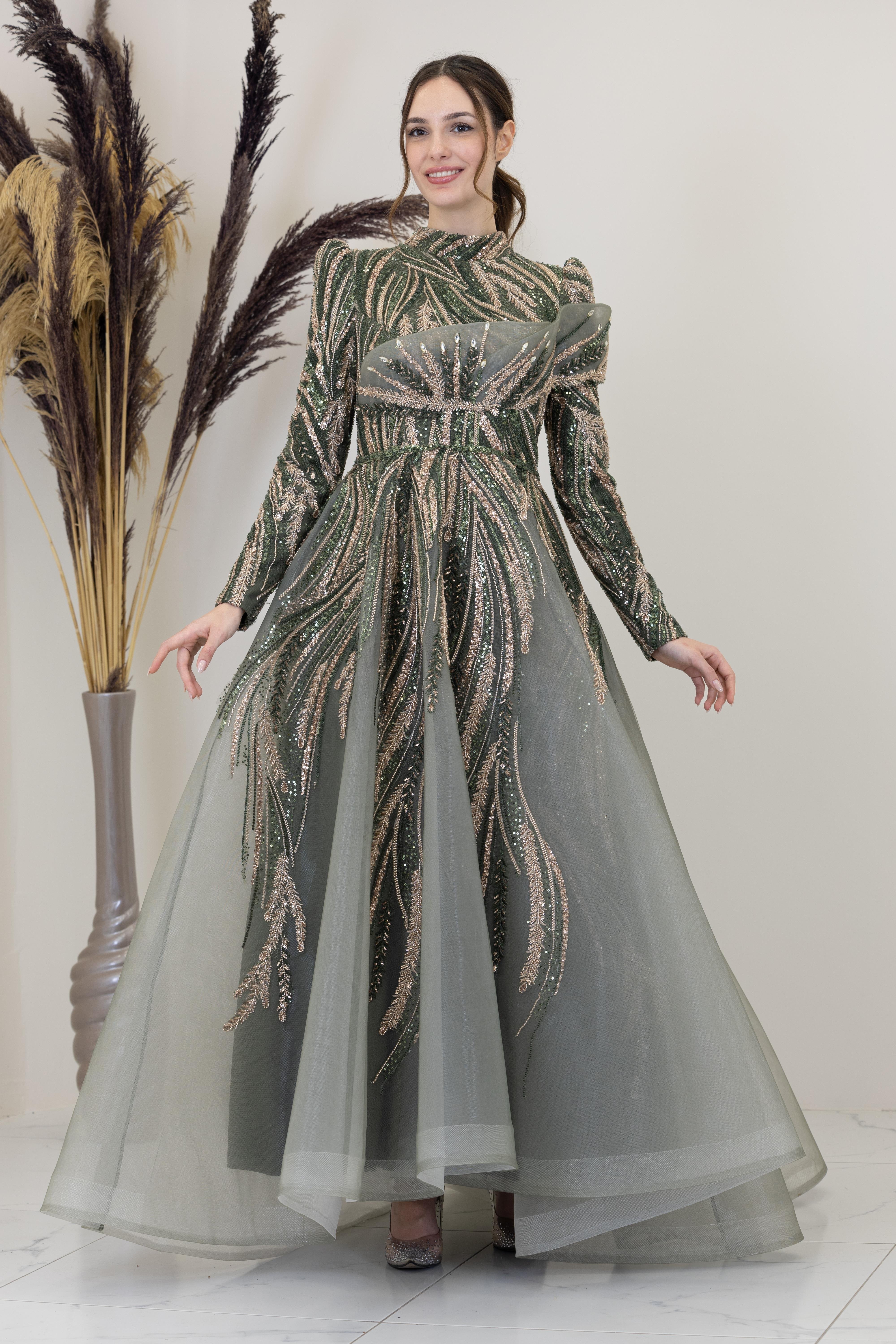 Önü Taşlı Drapeli Yaren Abiye - Haki