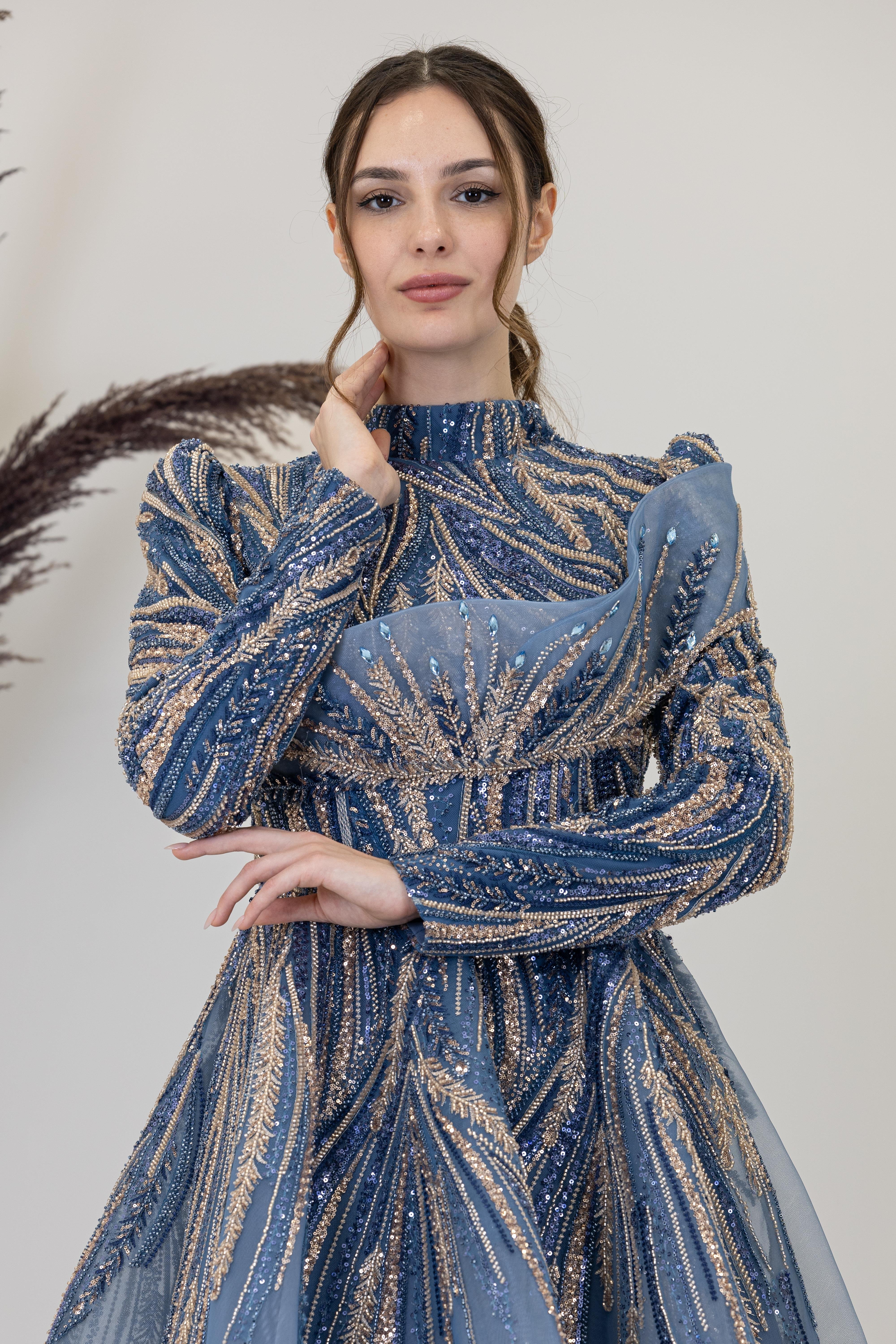 Önü Taşlı Drapeli Yaren Abiye - İndigo