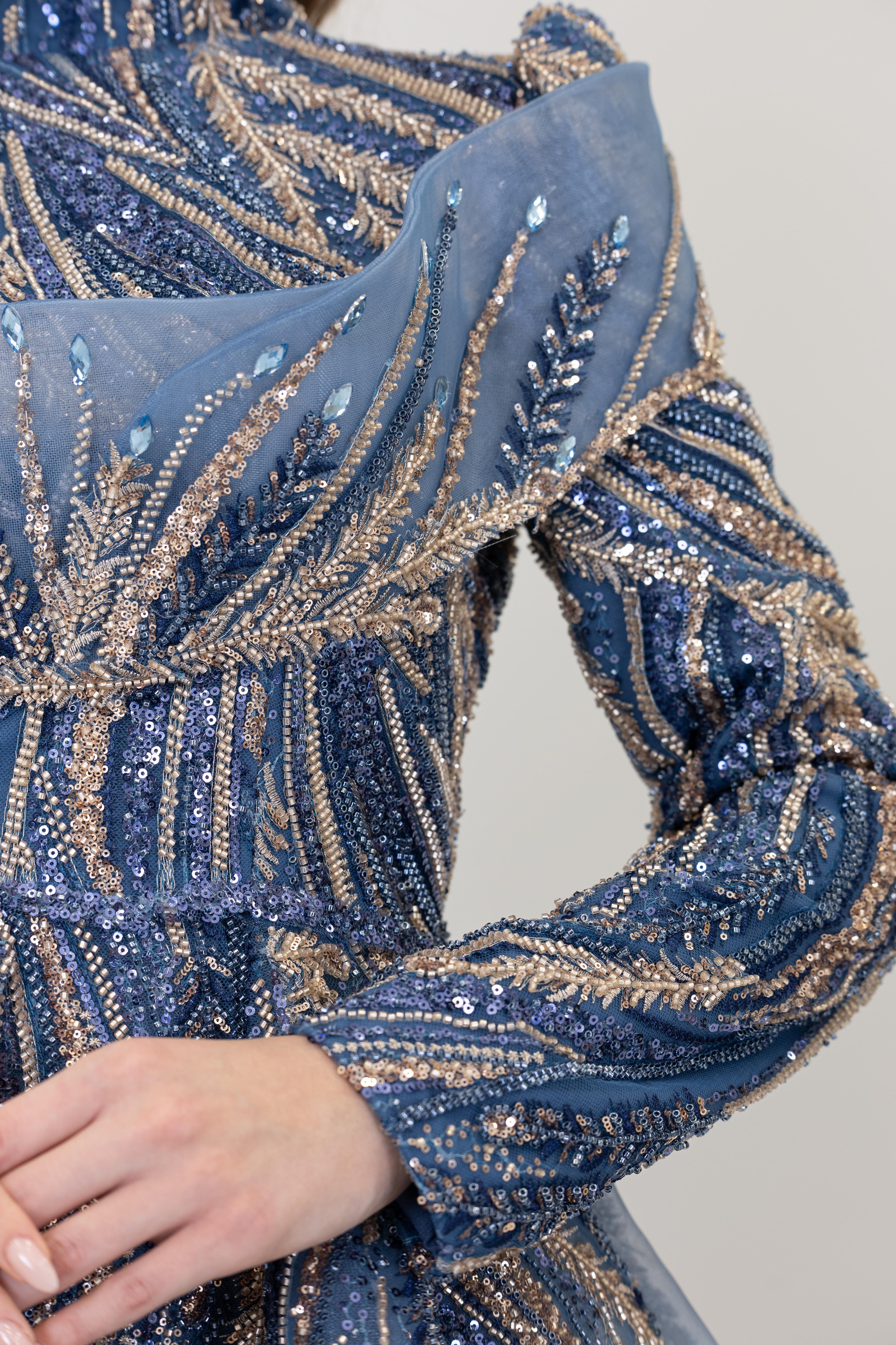 Önü Taşlı Drapeli Yaren Abiye - İndigo