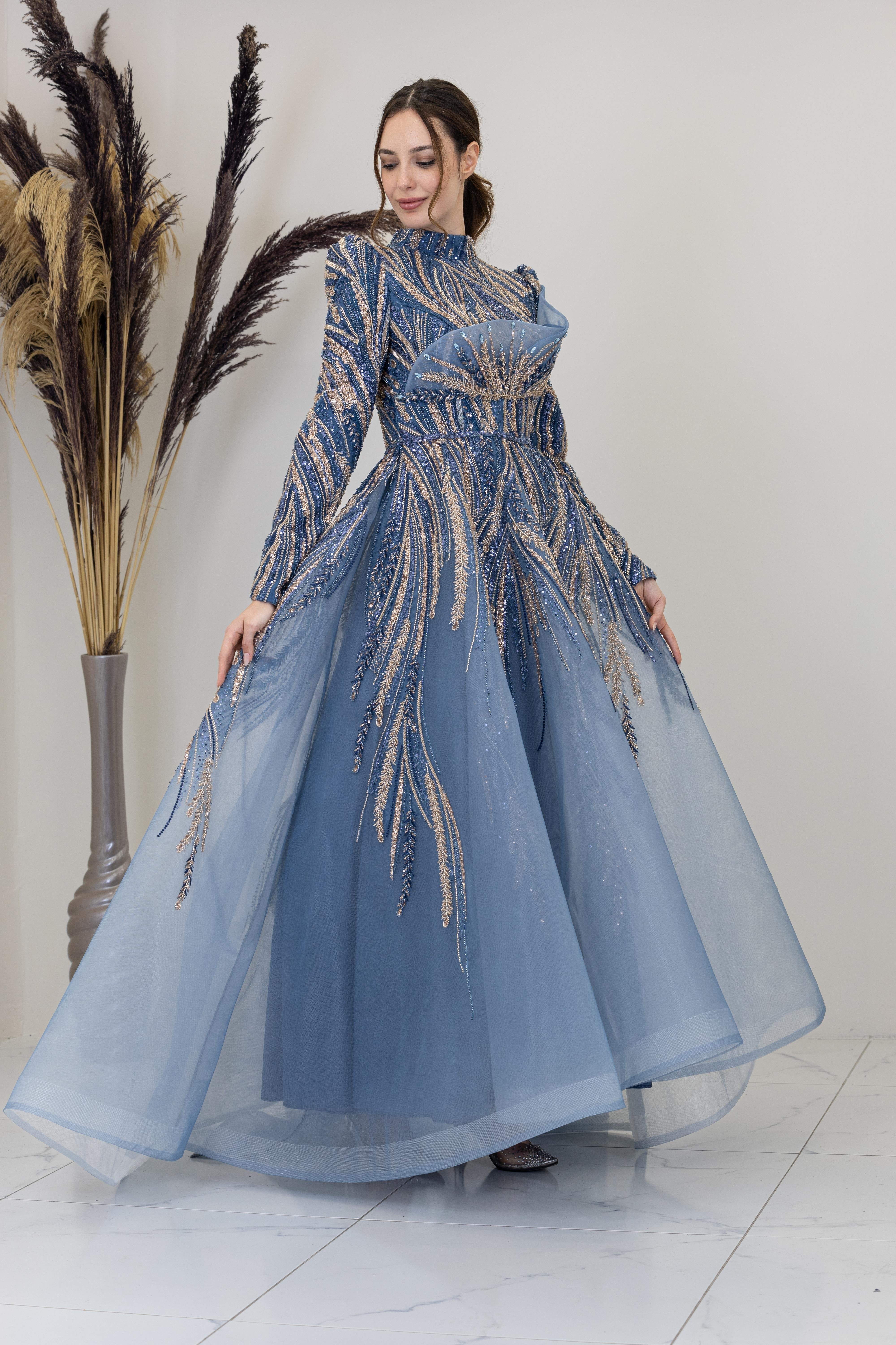 Önü Taşlı Drapeli Yaren Abiye - İndigo