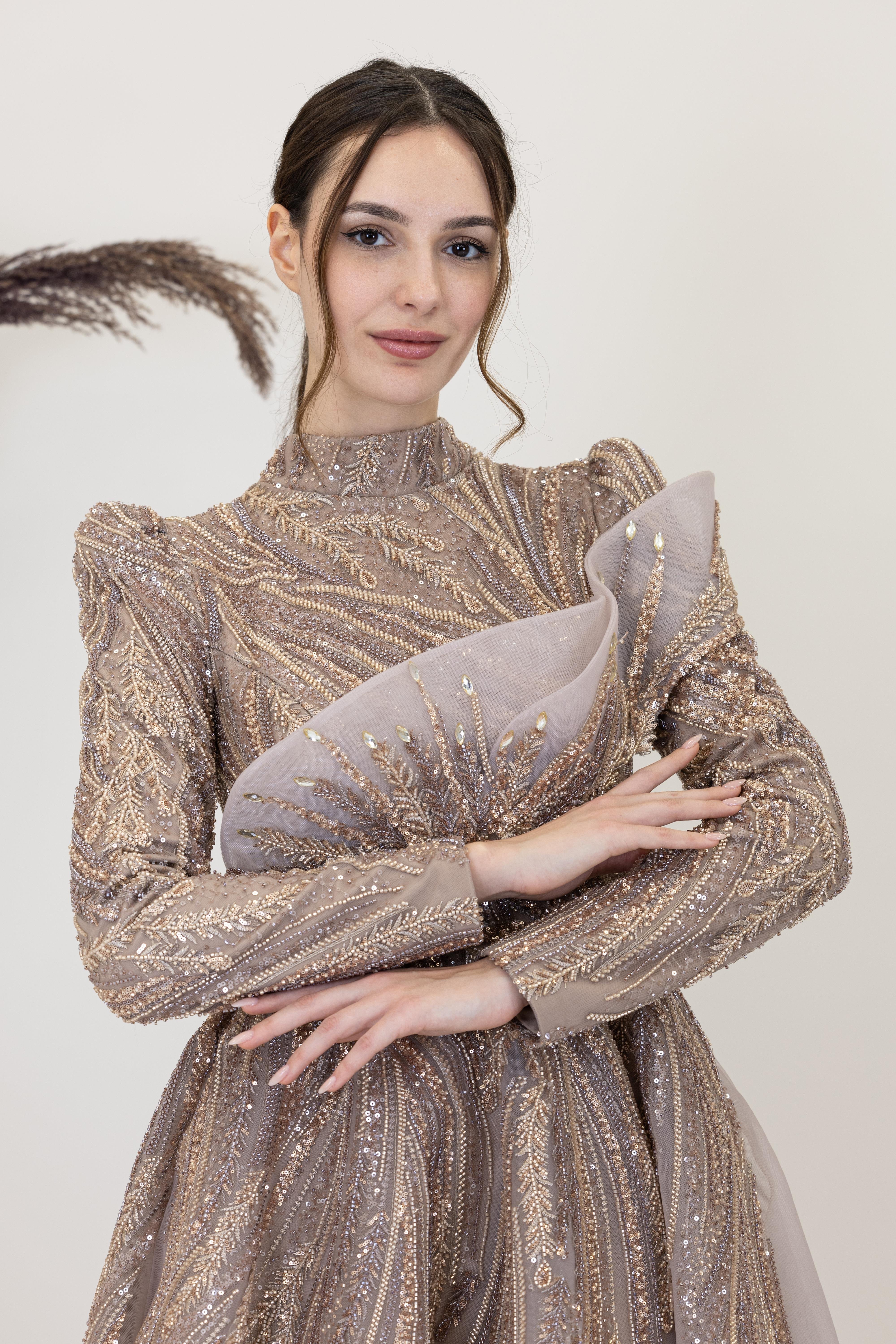 Önü Taşlı Drapeli Yaren Abiye - Vizon