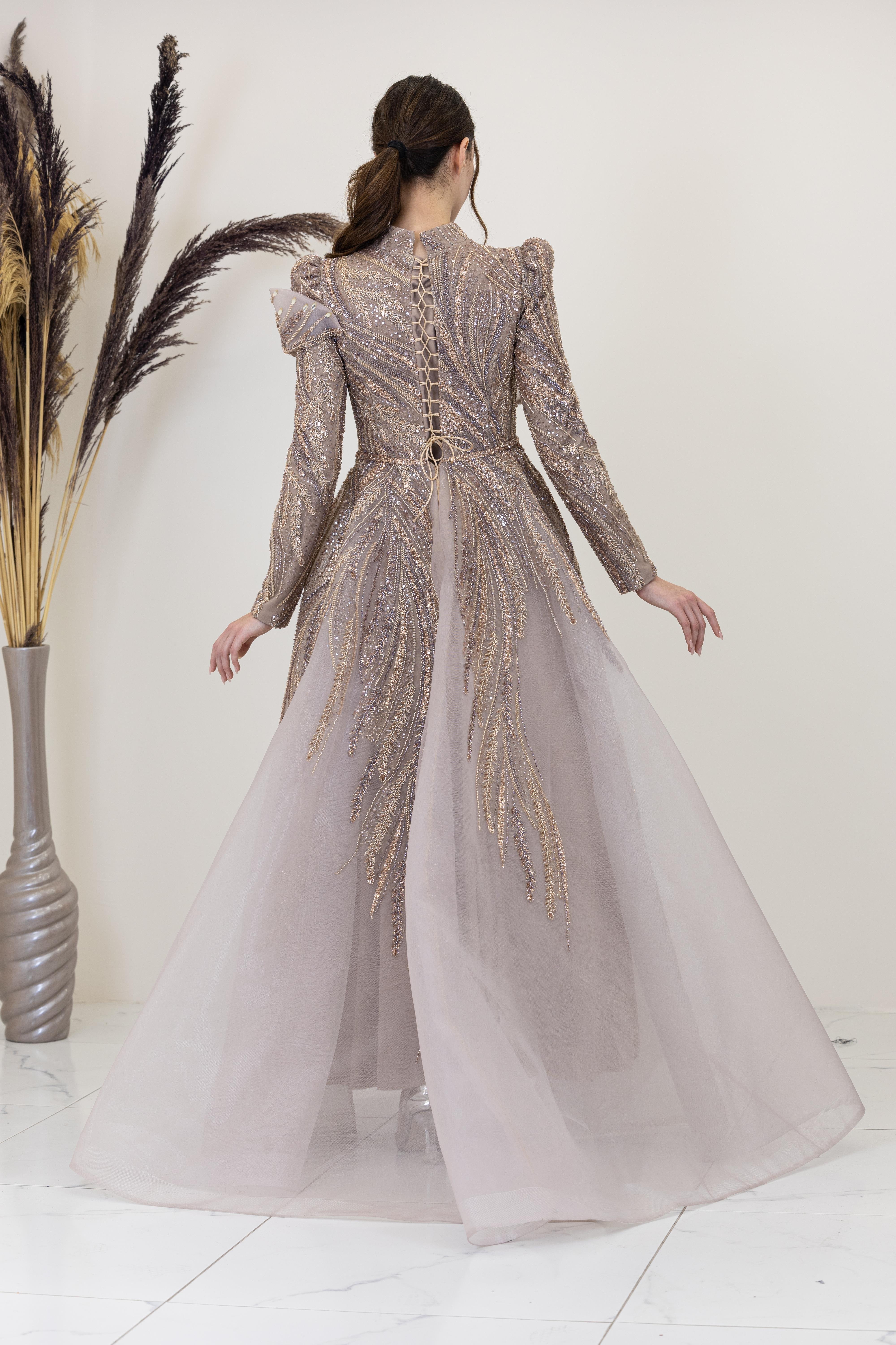 Önü Taşlı Drapeli Yaren Abiye - Vizon