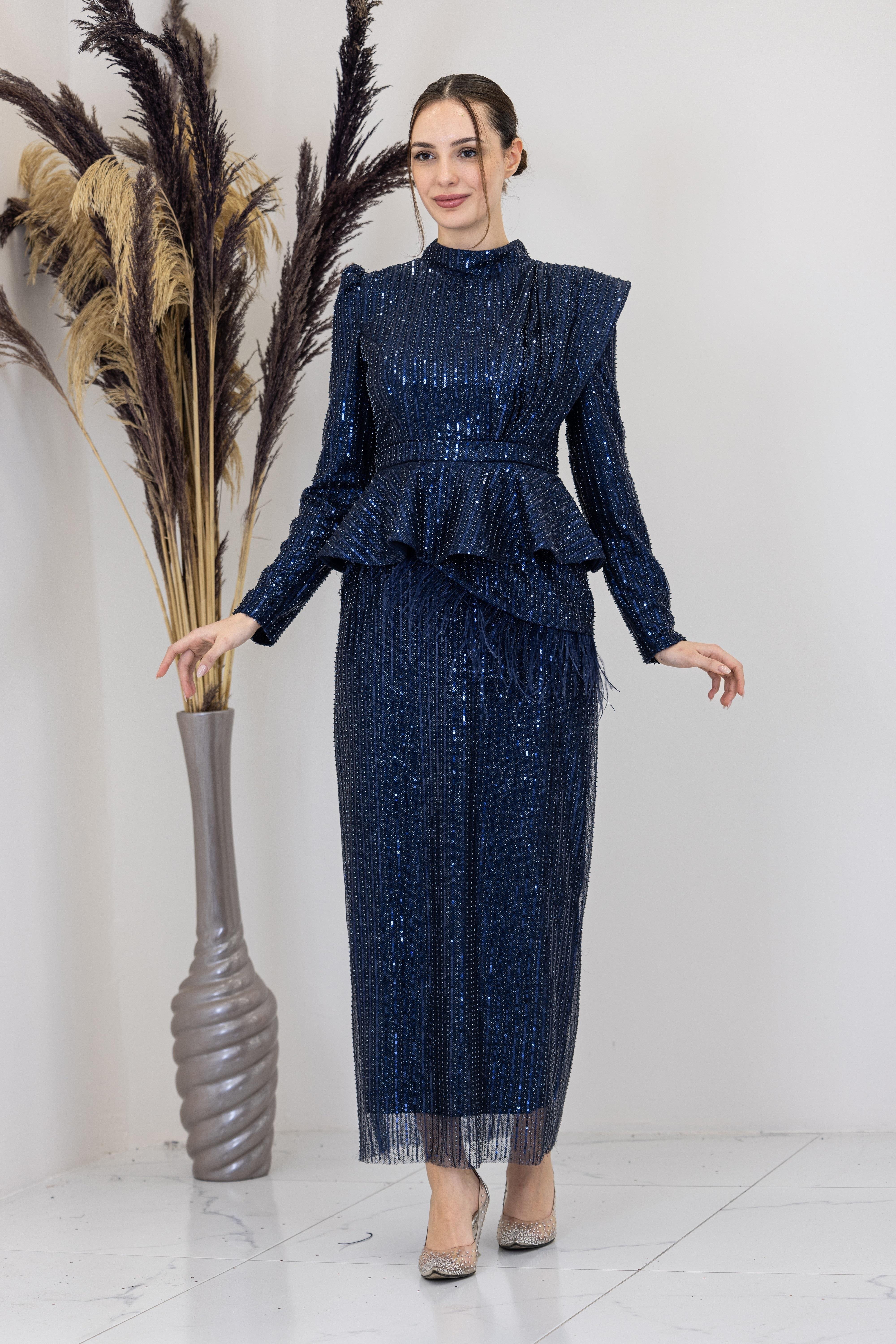 Peplum Detaylı Otriş Tüylü Pamira Abiye - Lacivert