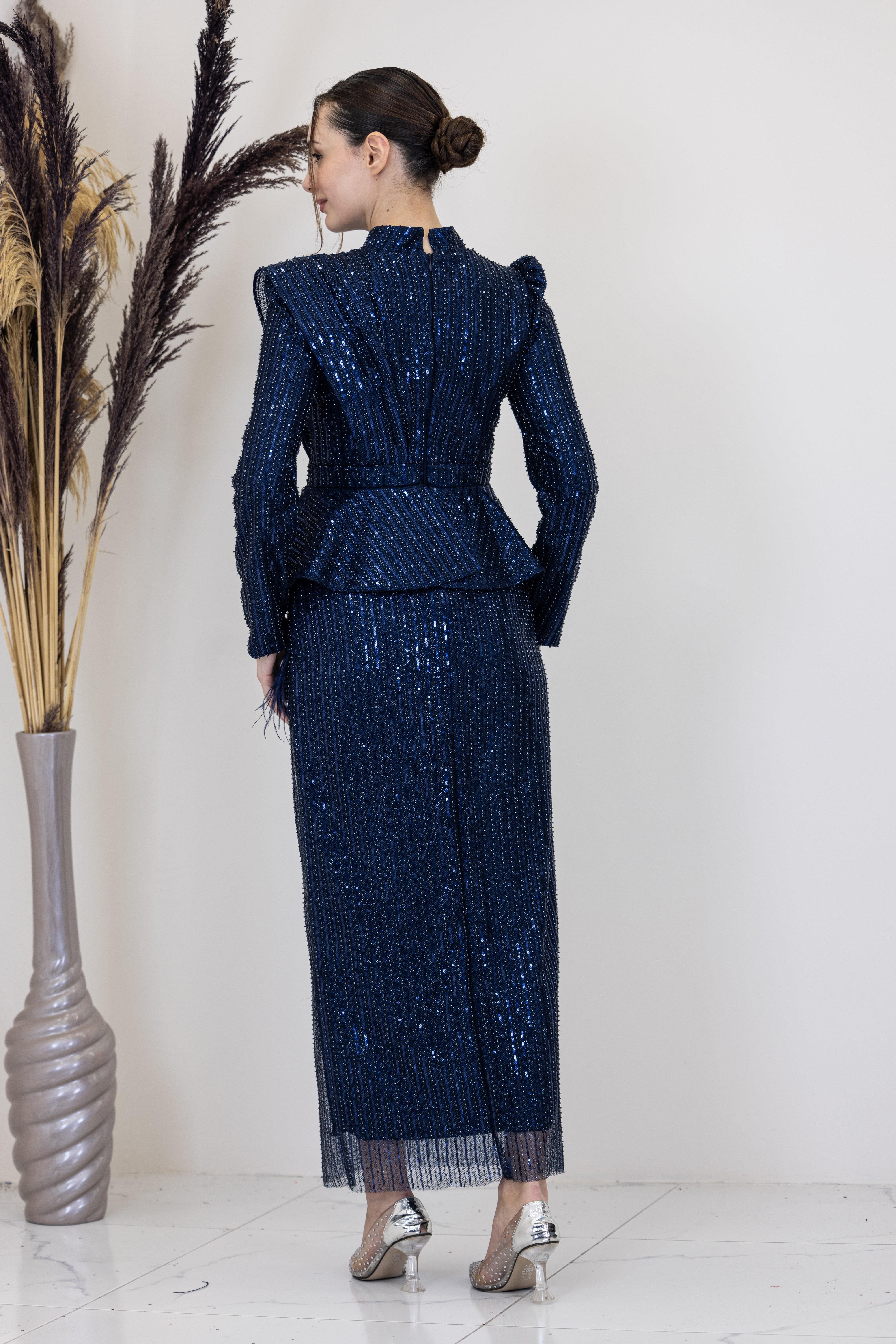 Peplum Detaylı Otriş Tüylü Pamira Abiye - Lacivert