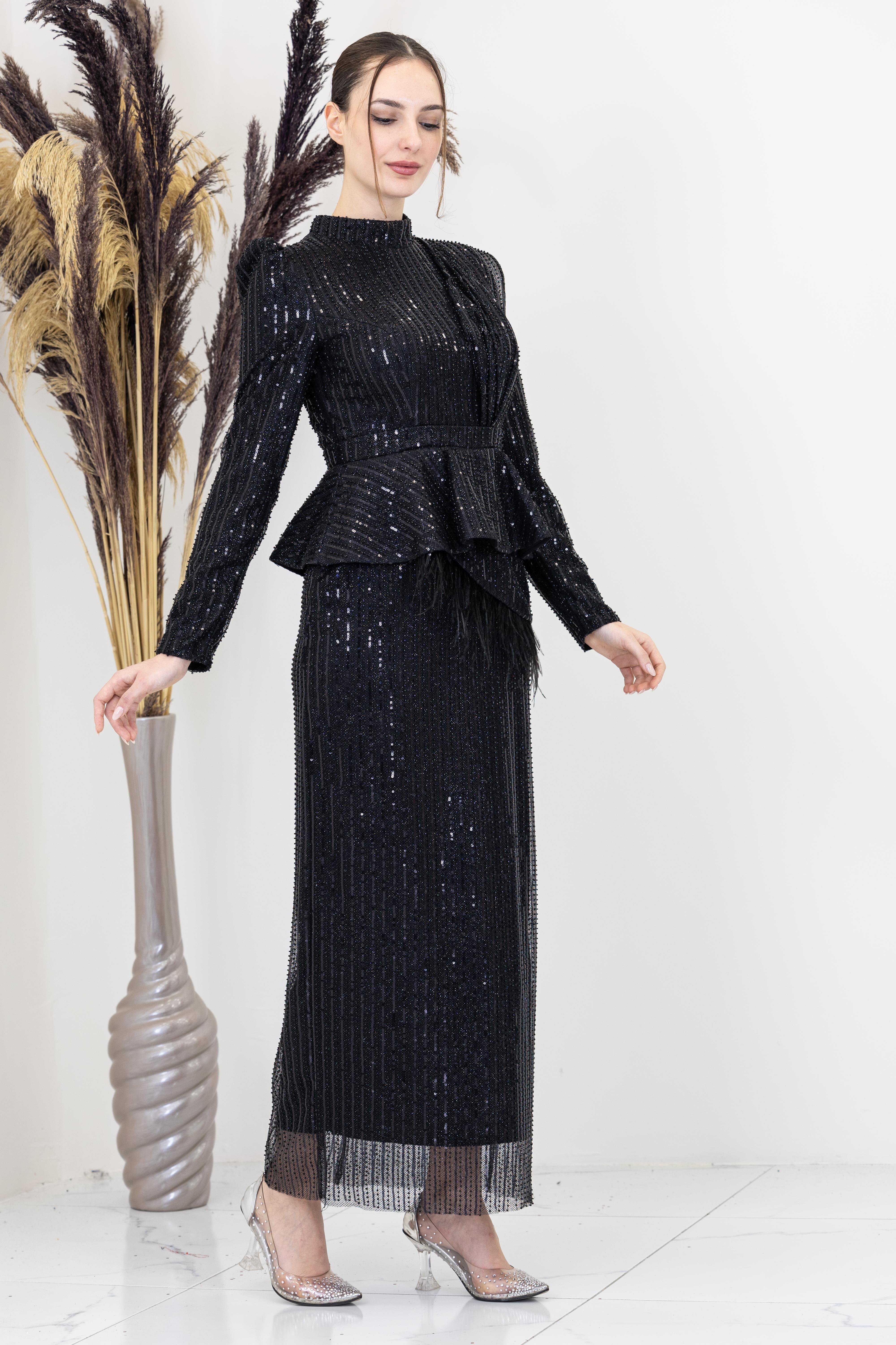 Peplum Detaylı Otriş Tüylü Pamira Abiye - Siyah