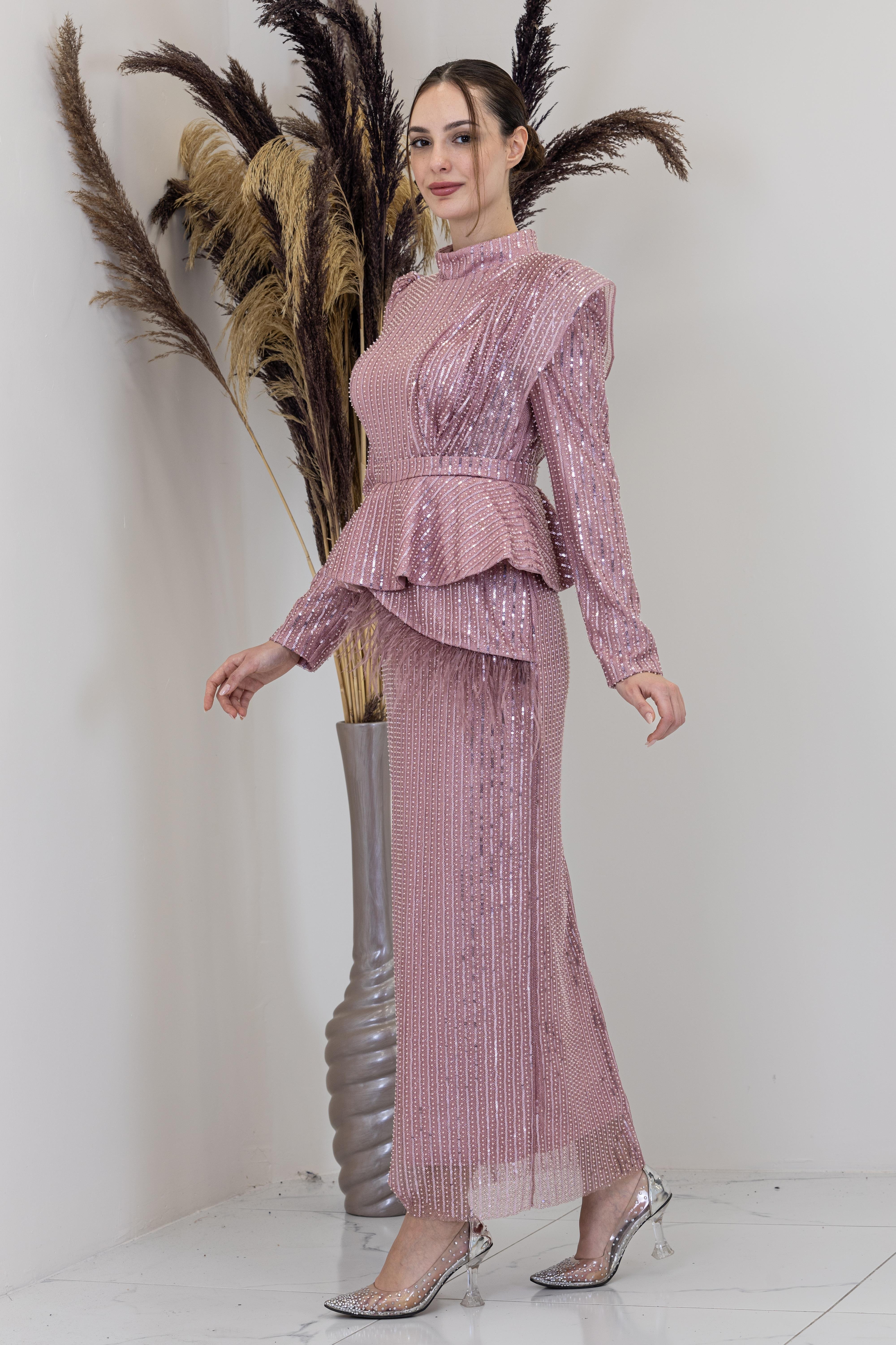 Peplum Detaylı Otriş Tüylü Pamira Abiye - Pudra