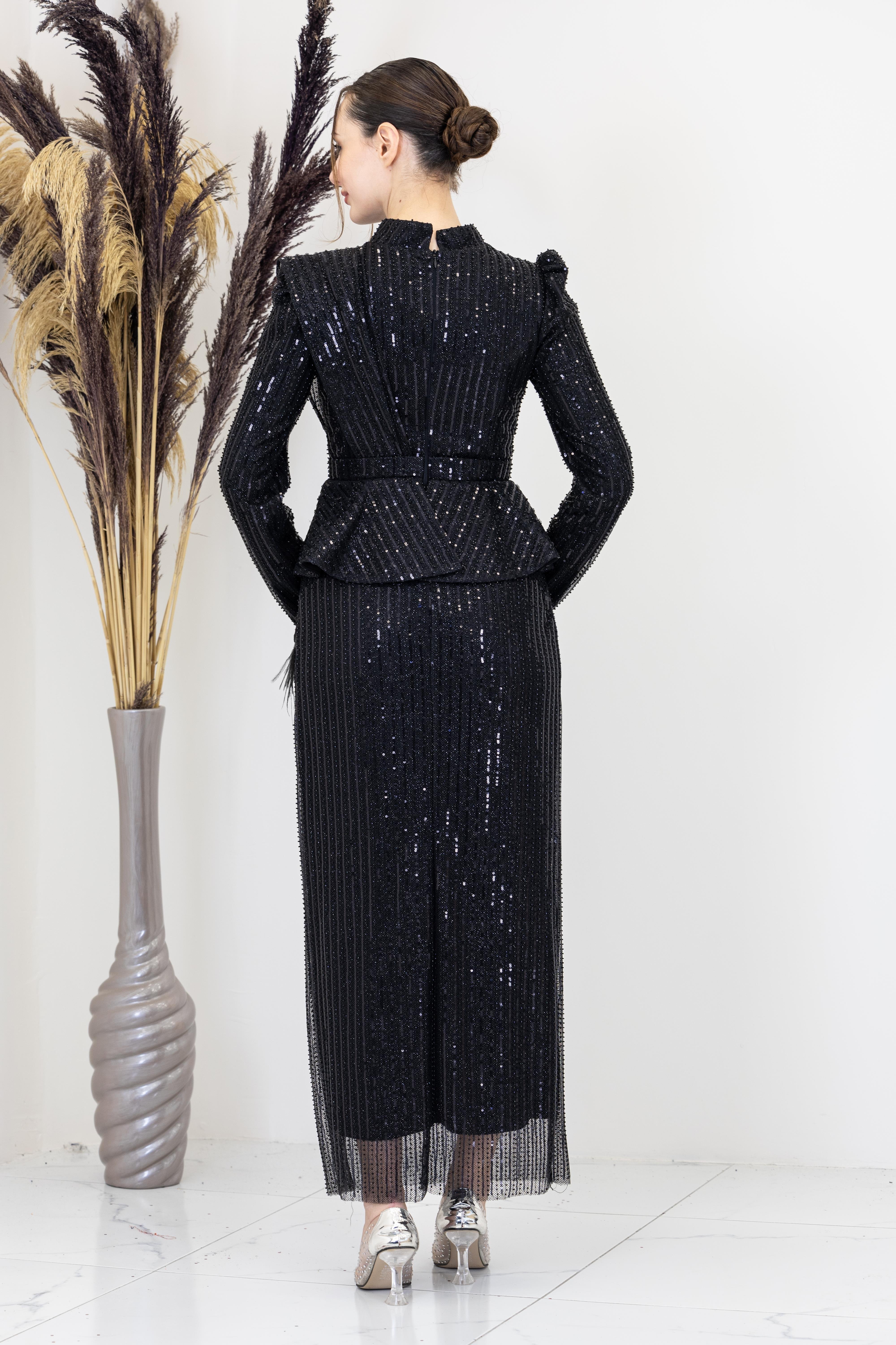 Peplum Detaylı Otriş Tüylü Pamira Abiye - Siyah