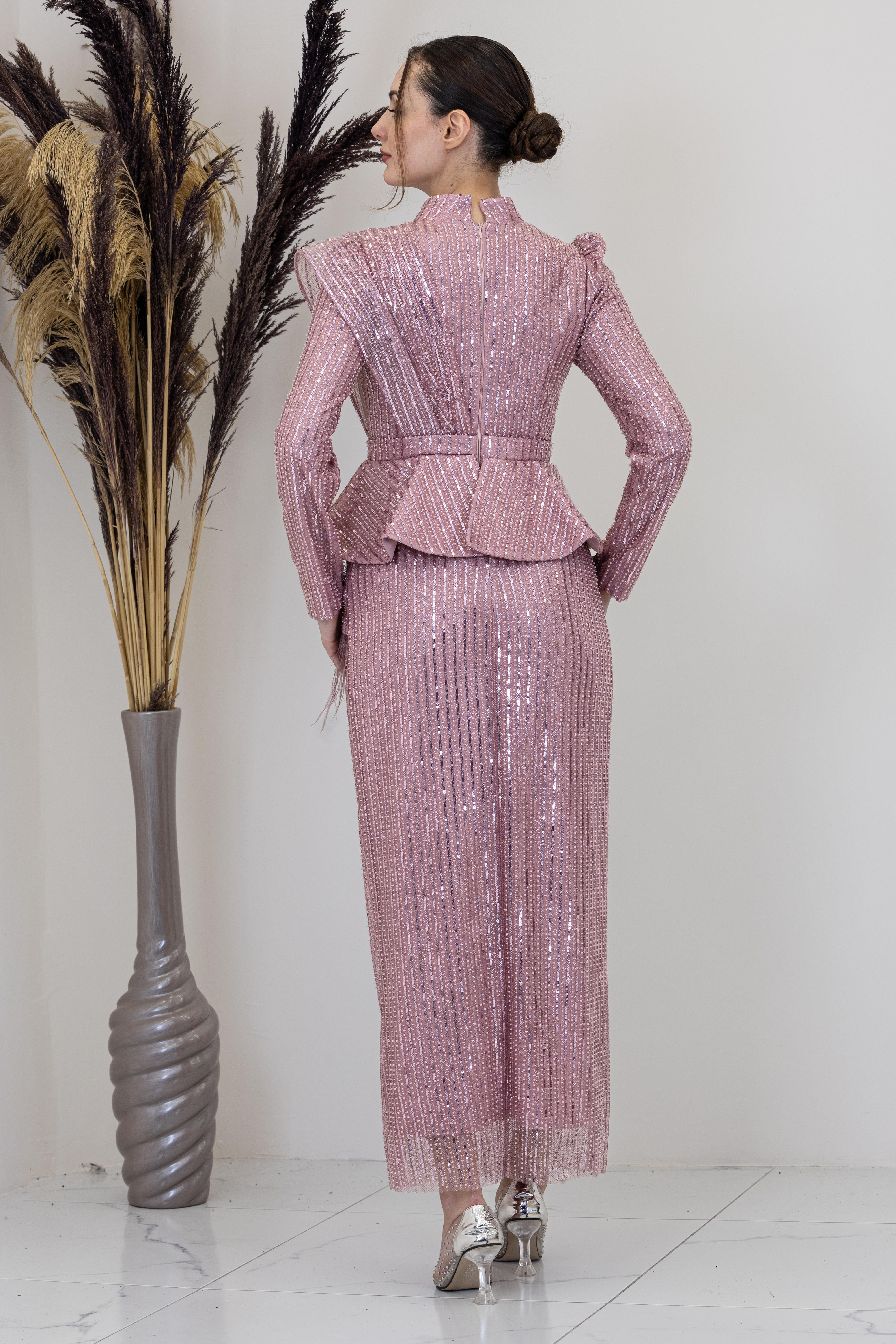 Peplum Detaylı Otriş Tüylü Pamira Abiye - Pudra