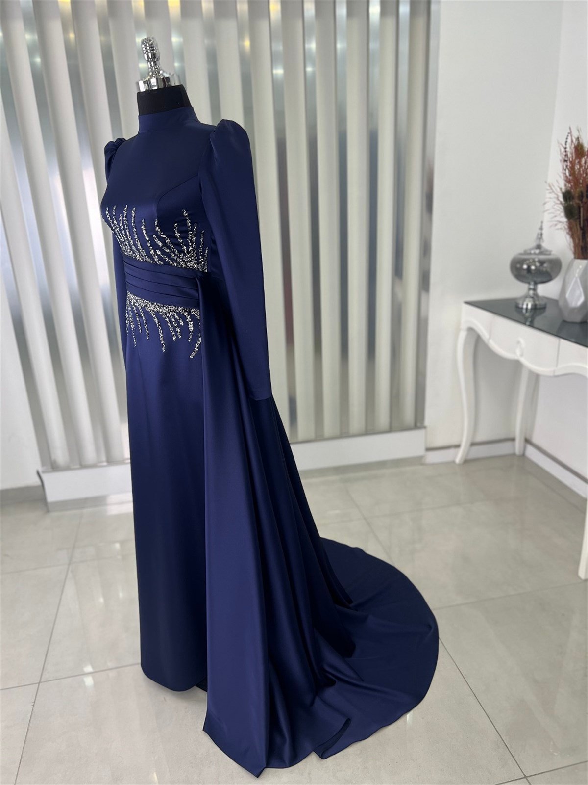 Piennar Taş İşlemeli Ceyla Saten Abiye Lacivert