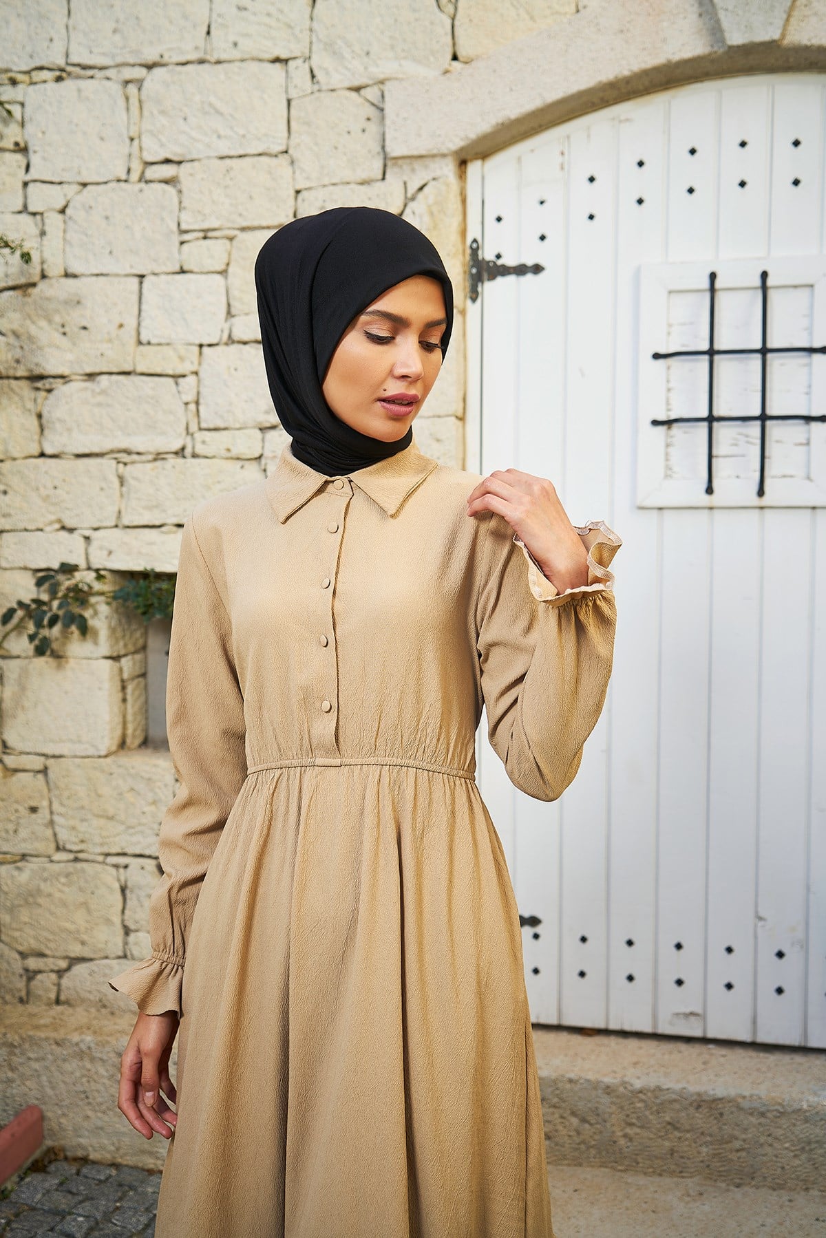 Piennar Vera Büzgülü Elbise Camel