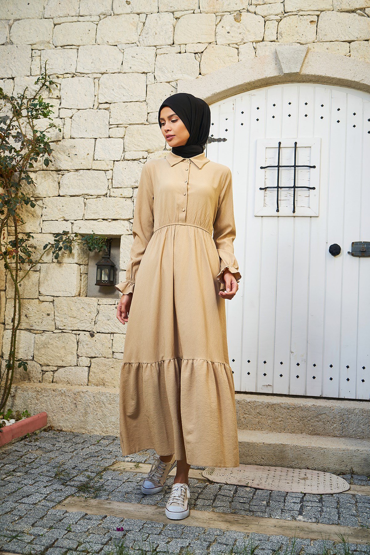 Piennar Vera Büzgülü Elbise Camel