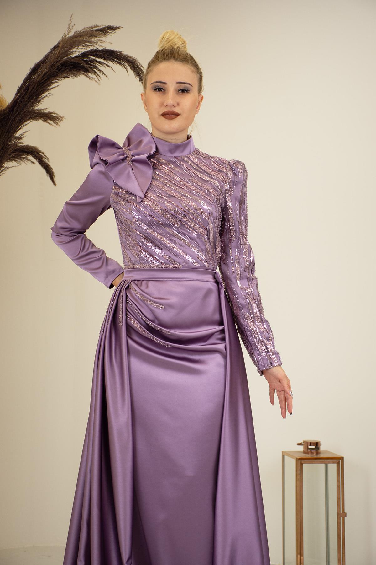 Portatif Kuyruklu Omuzu Fırfırlı Sueda Tesettür Abiye - Lila