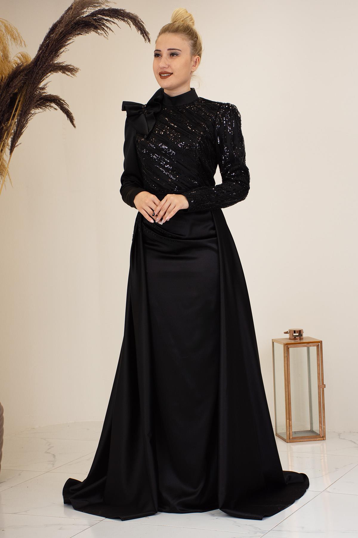 Portatif Kuyruklu Omuzu Fırfırlı Sueda Tesettür Abiye - Siyah