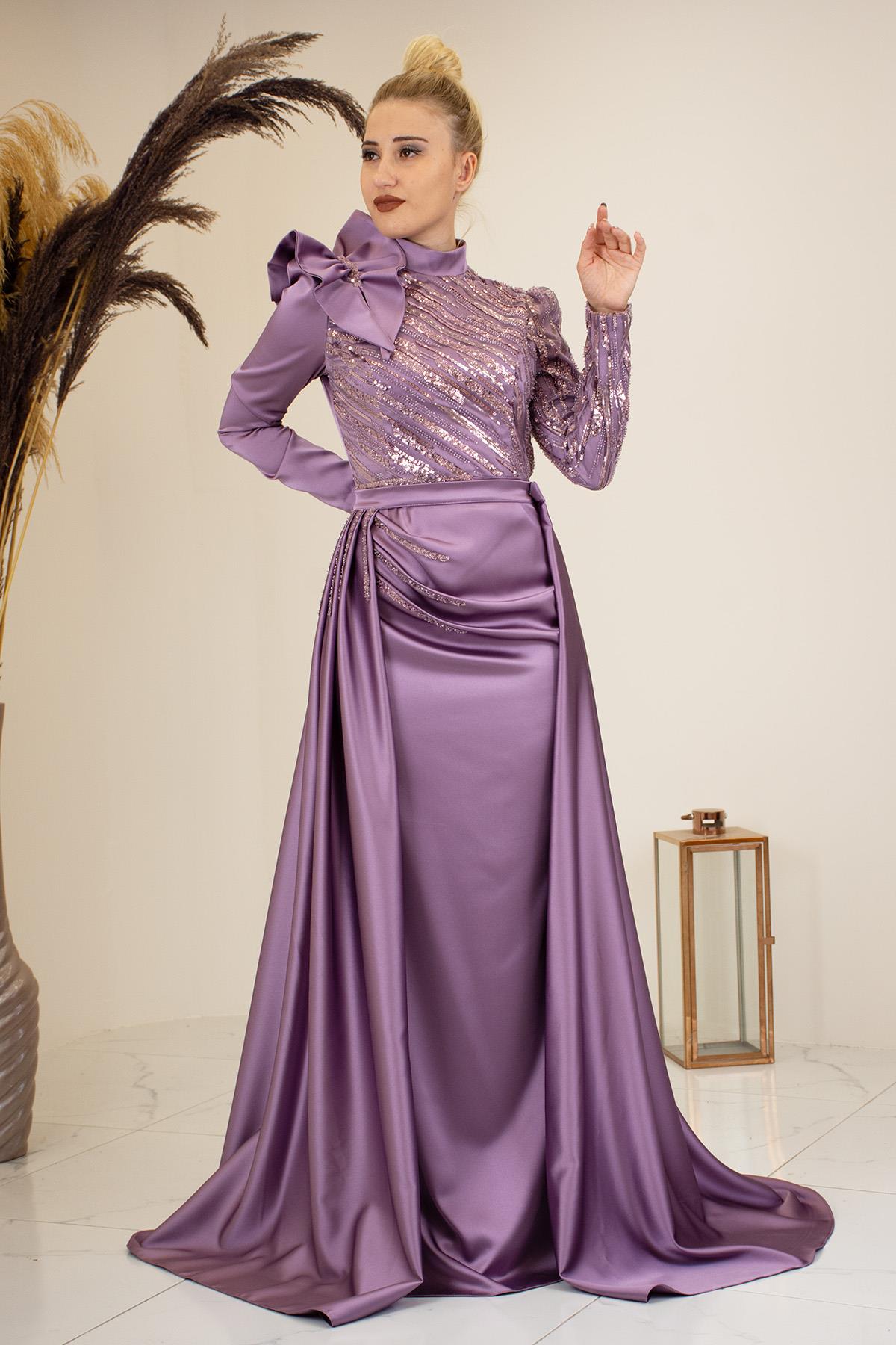 Portatif Kuyruklu Omuzu Fırfırlı Sueda Tesettür Abiye - Lila