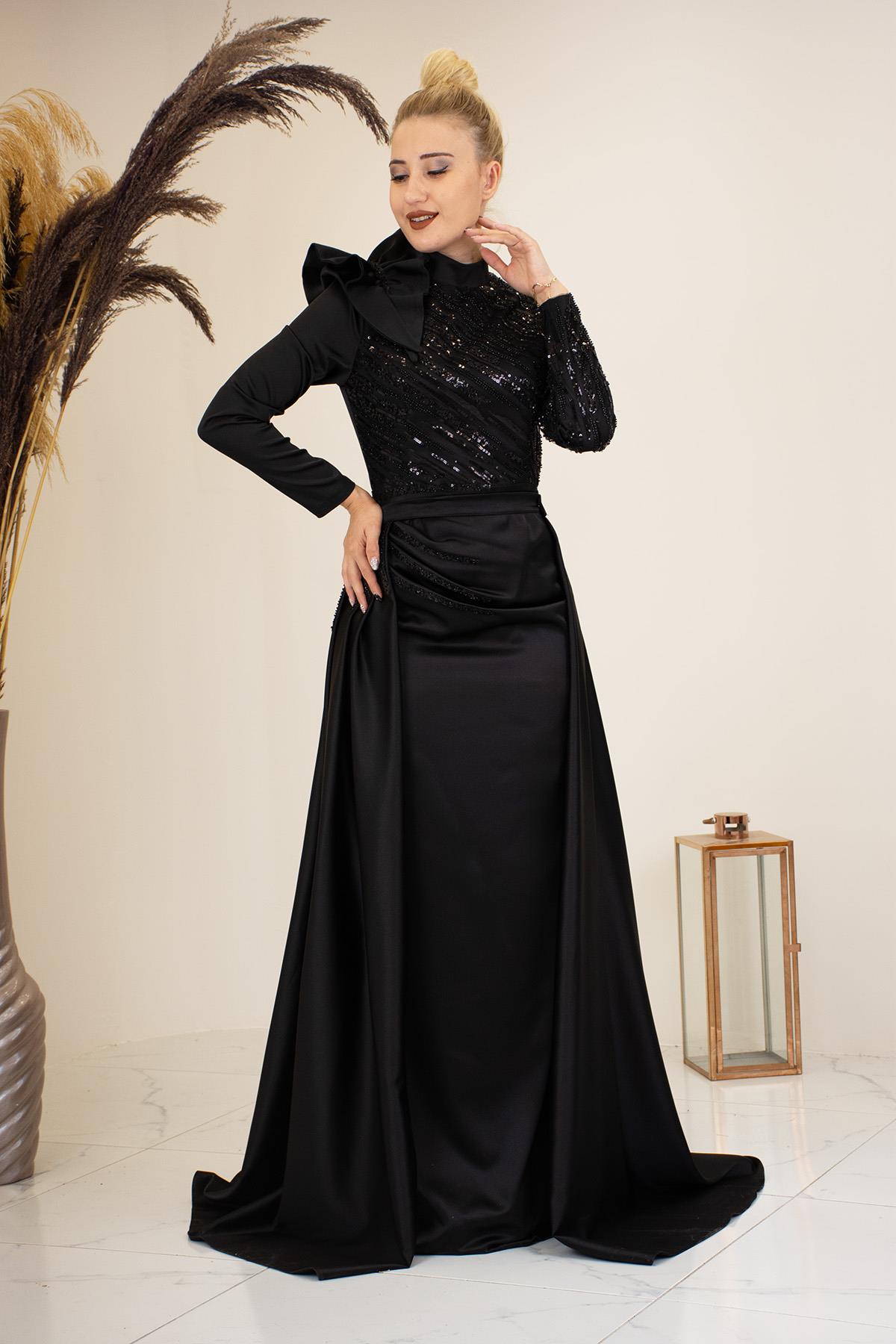 Portatif Kuyruklu Omuzu Fırfırlı Sueda Tesettür Abiye - Siyah