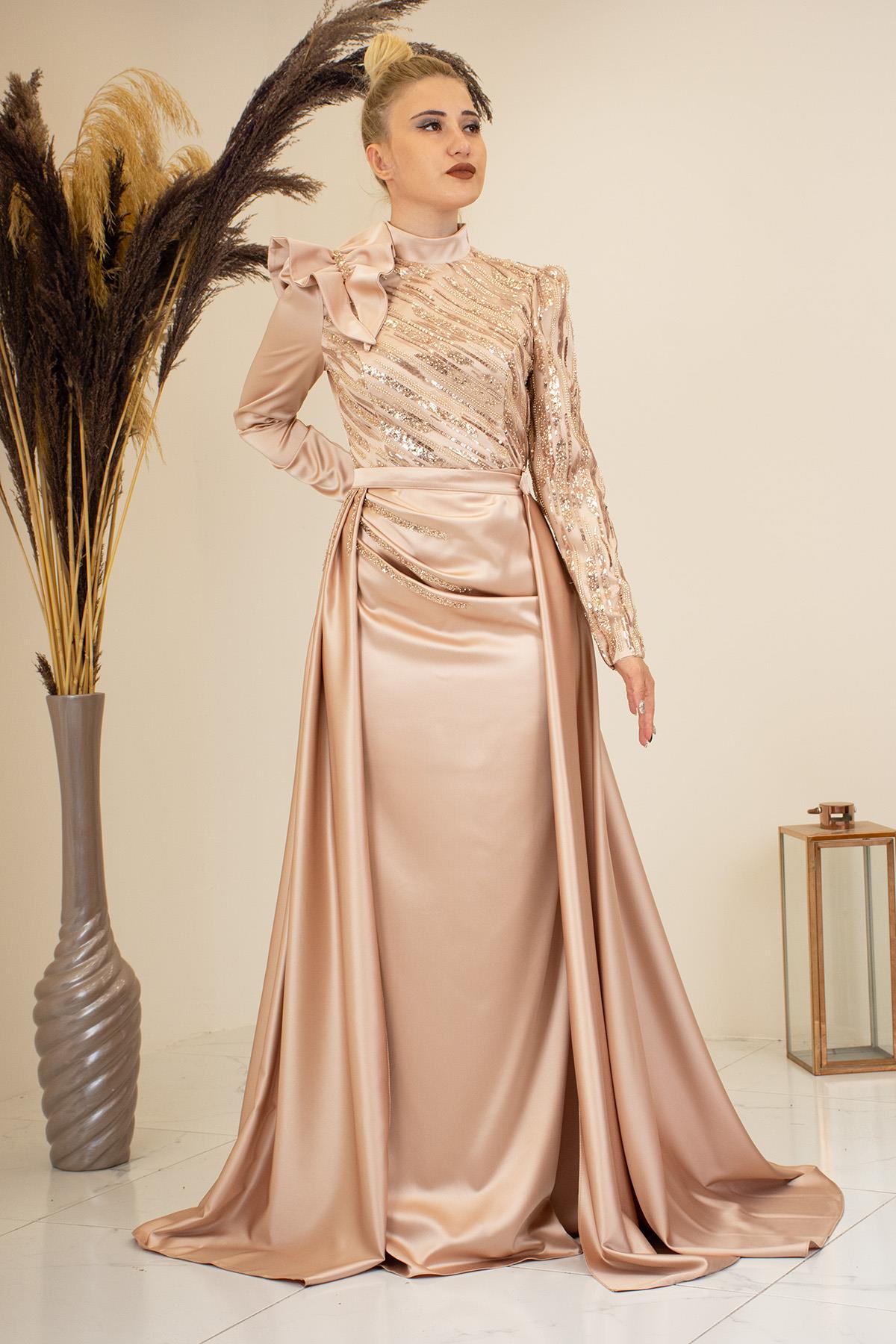 Portatif Kuyruklu Omuzu Fırfırlı Sueda Tesettür Abiye - Gold