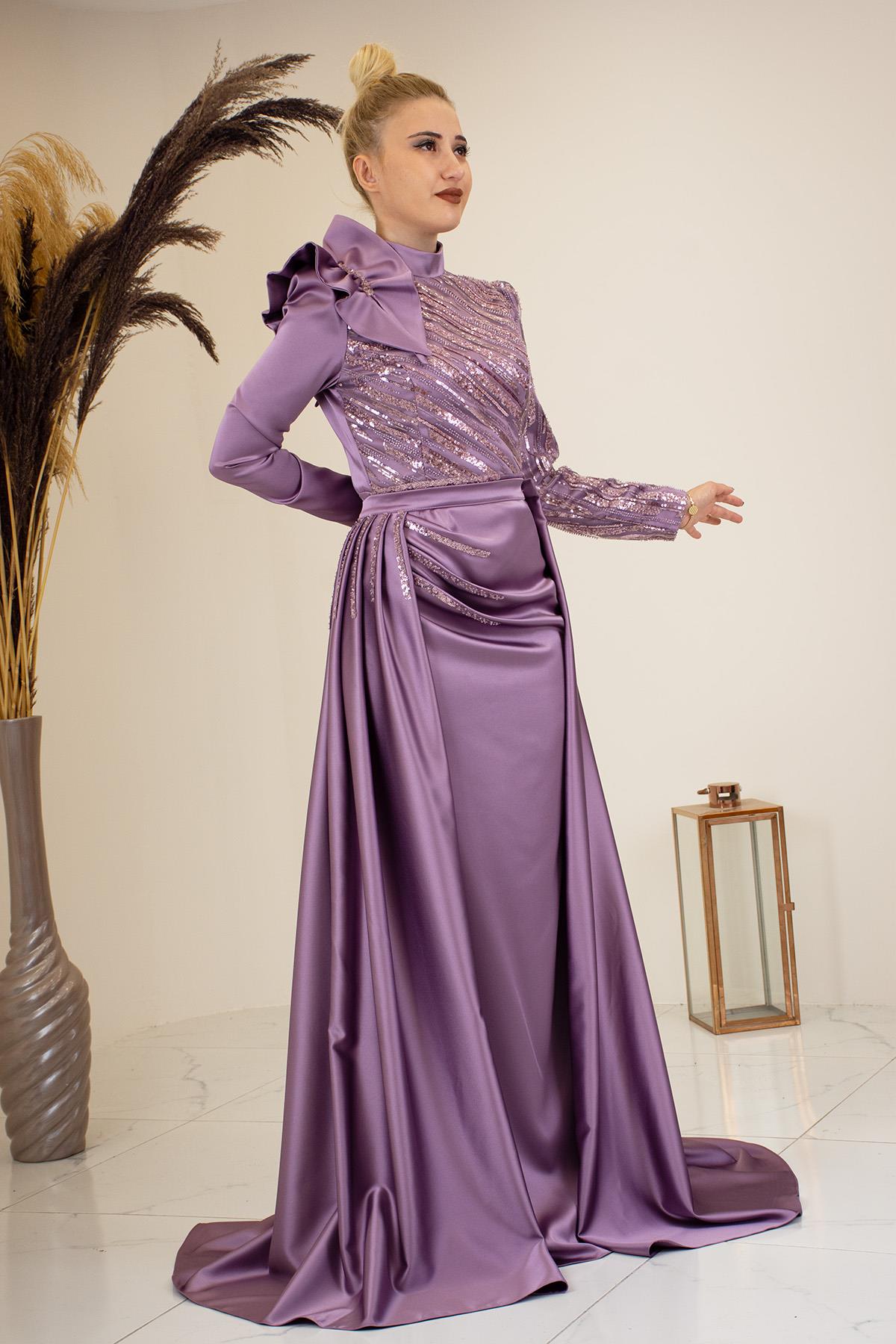 Portatif Kuyruklu Omuzu Fırfırlı Sueda Tesettür Abiye - Lila