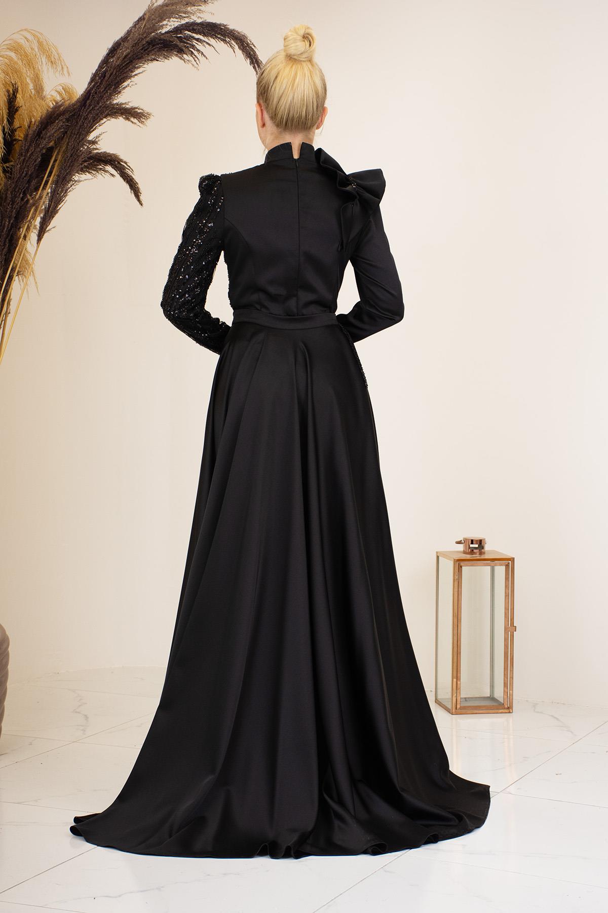 Portatif Kuyruklu Omuzu Fırfırlı Sueda Tesettür Abiye - Siyah