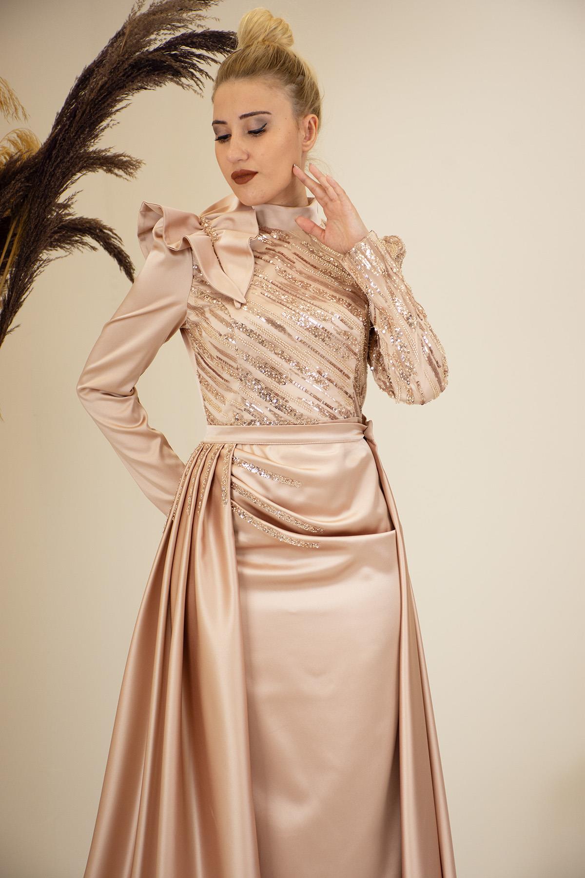 Portatif Kuyruklu Omuzu Fırfırlı Sueda Tesettür Abiye - Gold