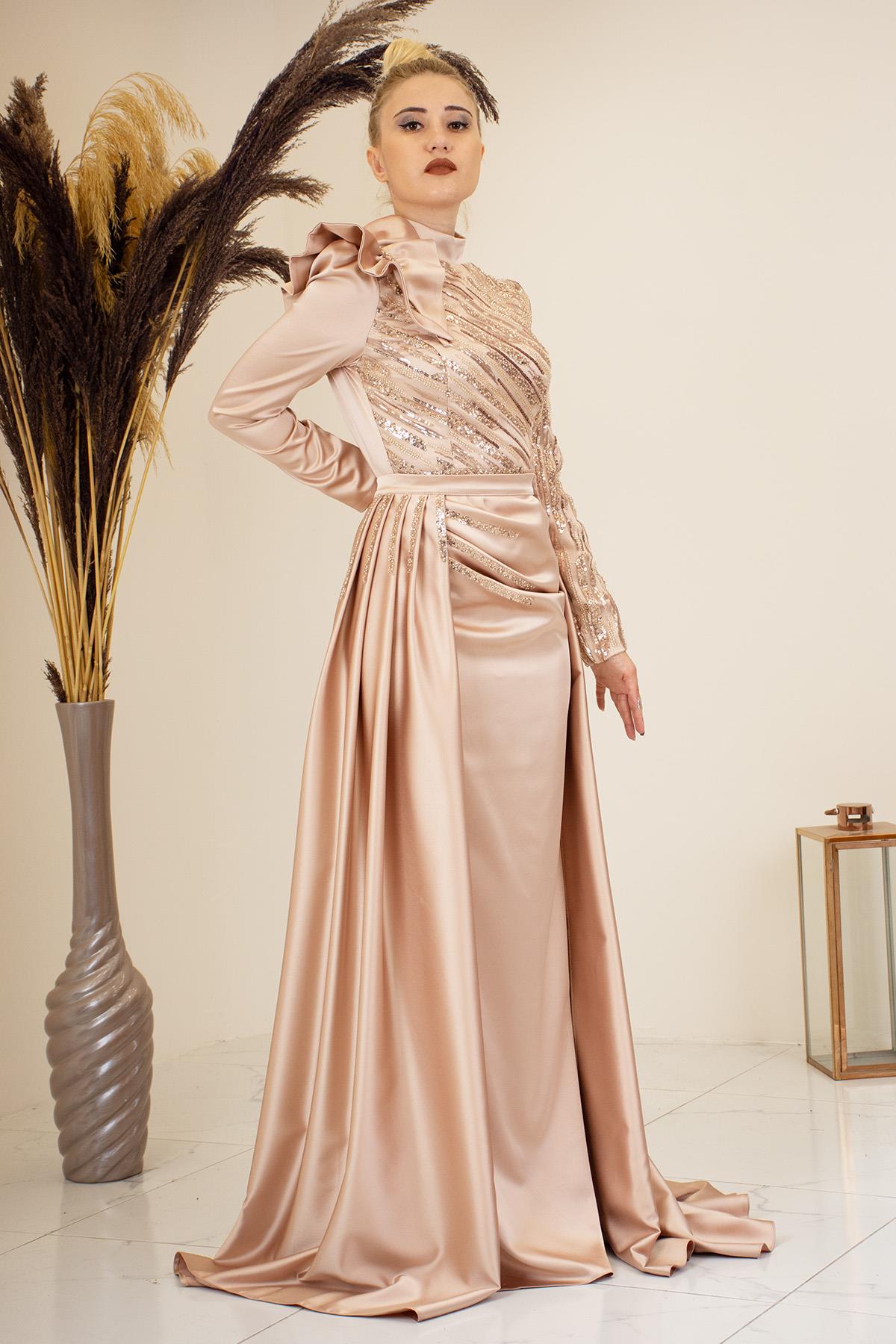 Portatif Kuyruklu Omuzu Fırfırlı Sueda Tesettür Abiye - Gold