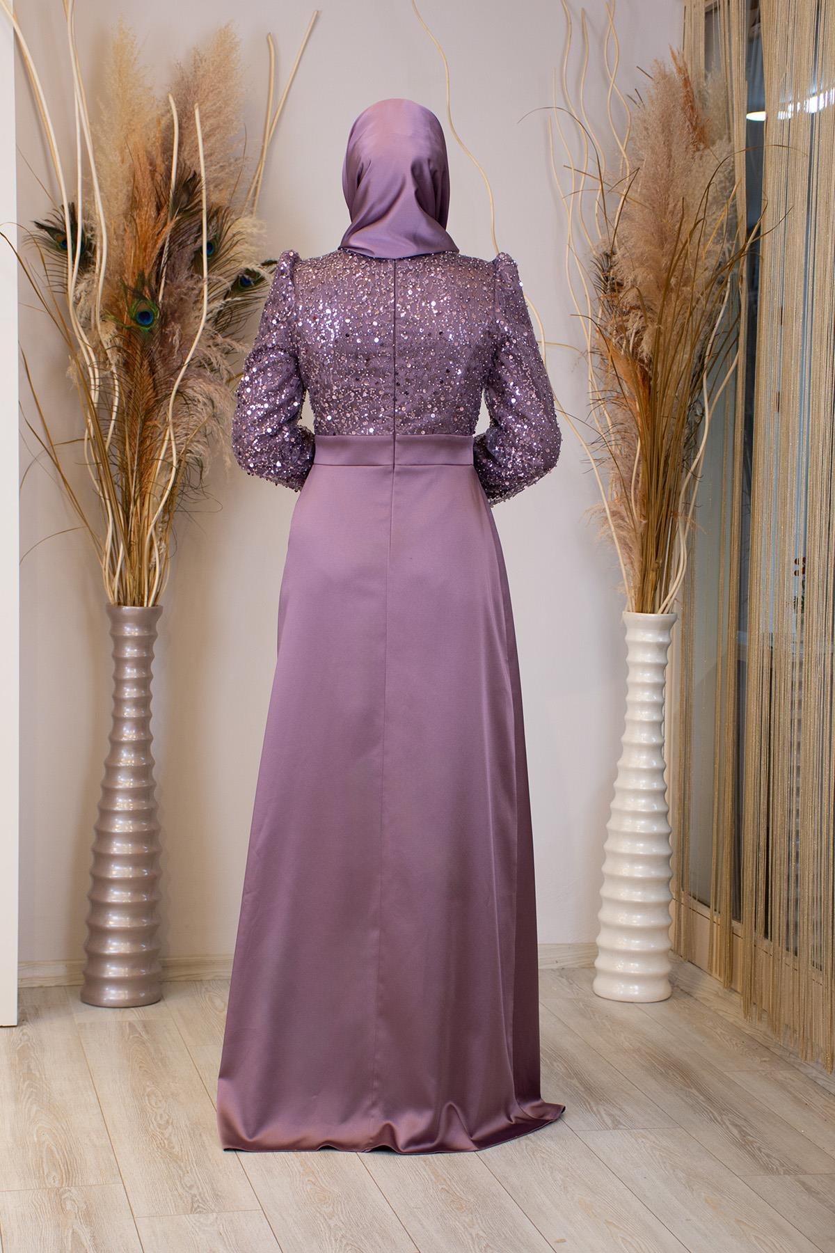 Pul Boncuk İşlemeli Drapeli Şehrazat Abiye Gül Kurusu