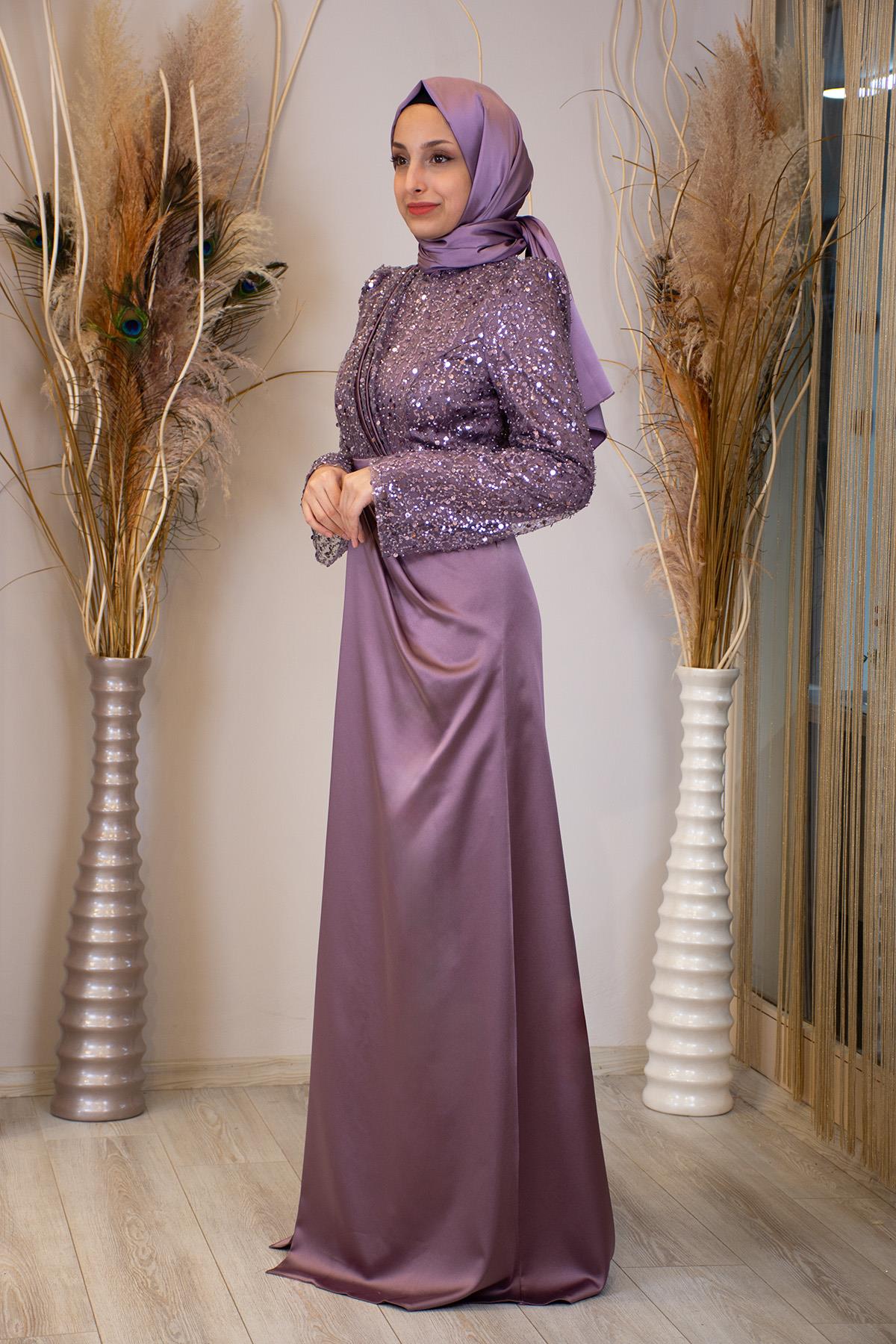 Pul Boncuk İşlemeli Drapeli Şehrazat Abiye Gül Kurusu