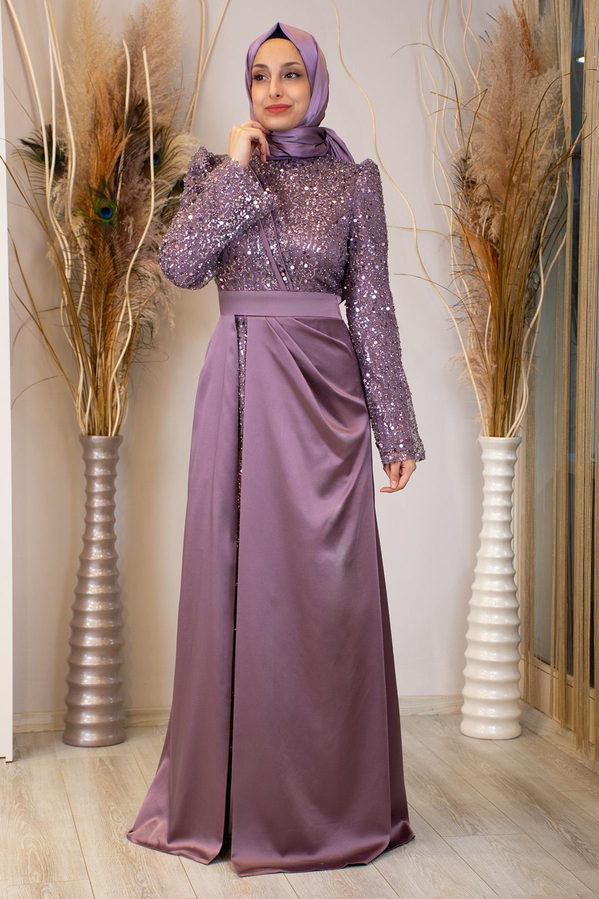 Pul Boncuk İşlemeli Drapeli Şehrazat Abiye Gül Kurusu