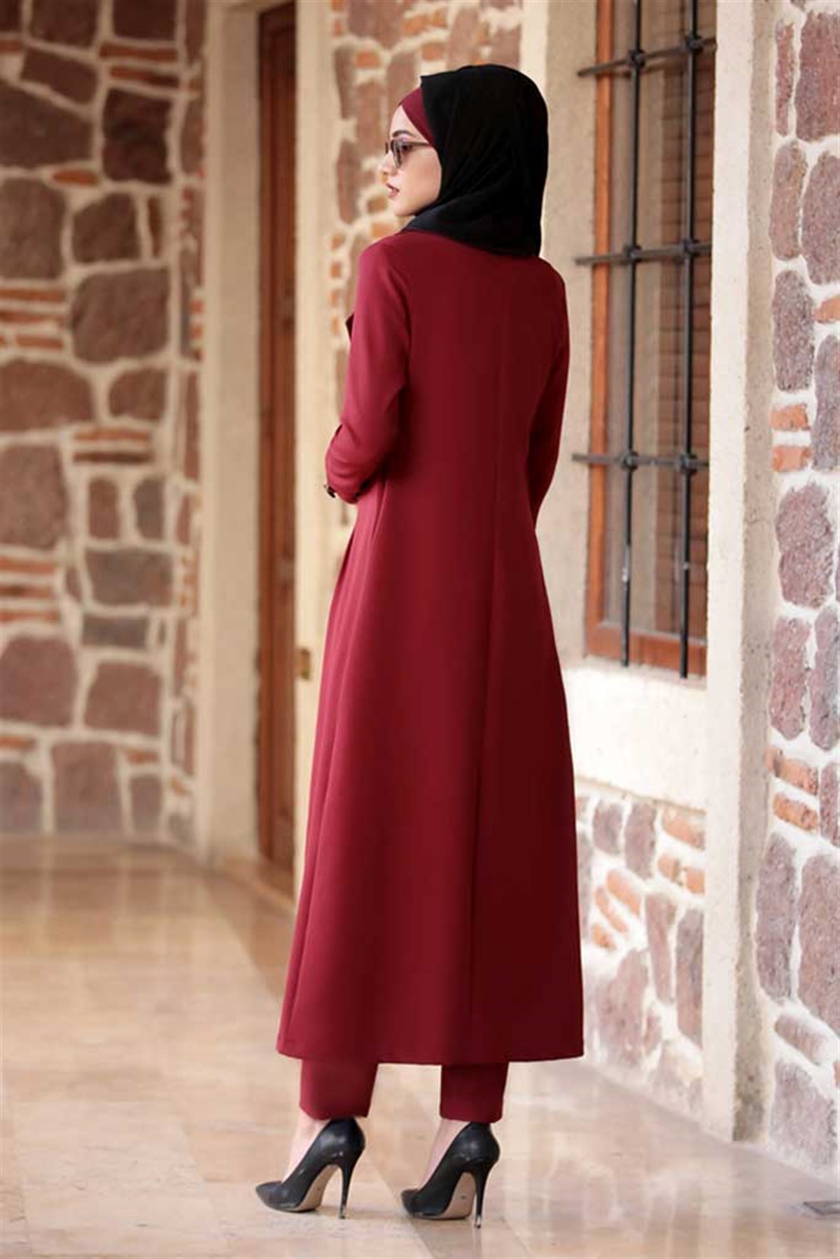 Rabia Bordo İkili Takım Tesettür Elbise