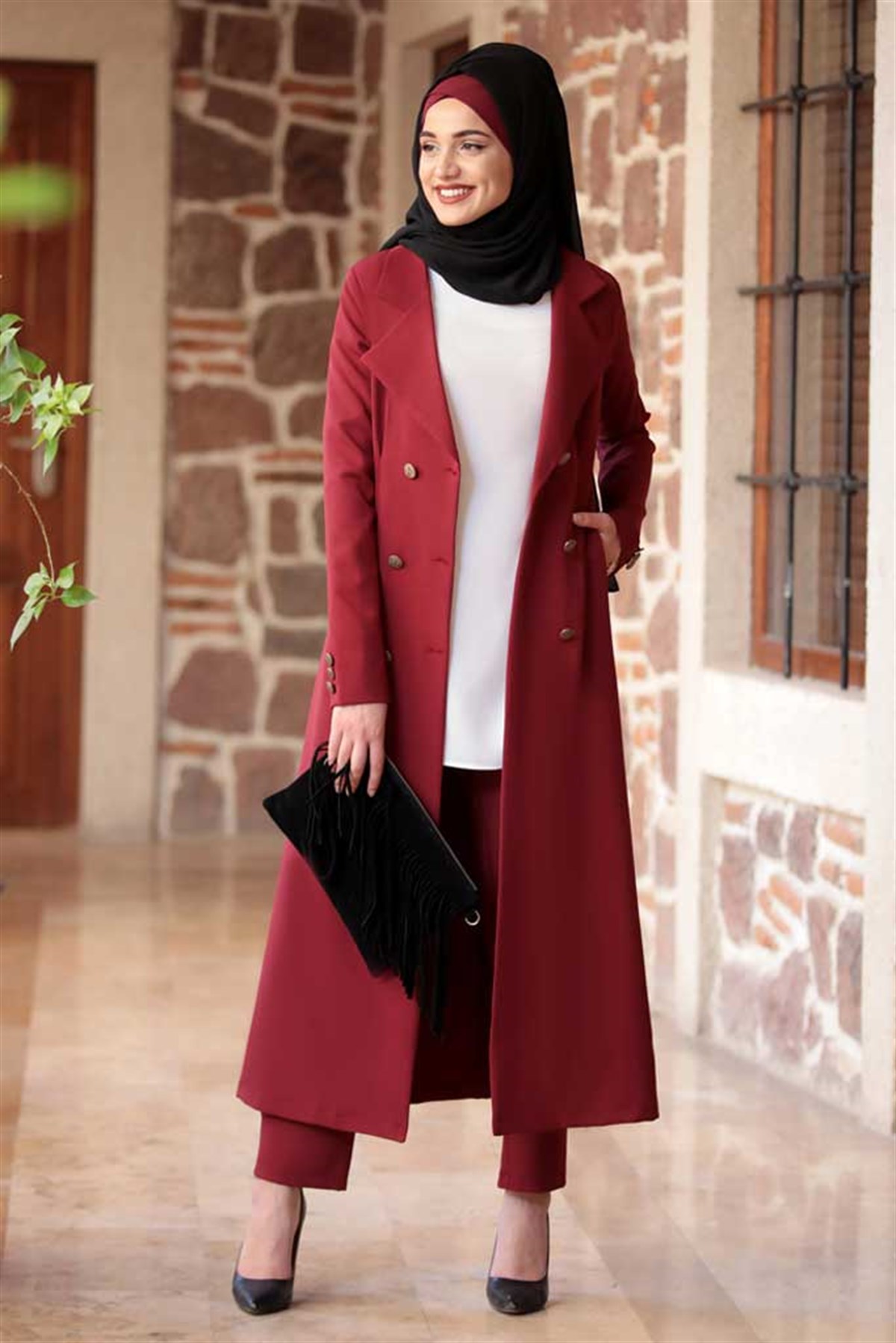 Rabia Bordo İkili Takım Tesettür Elbise