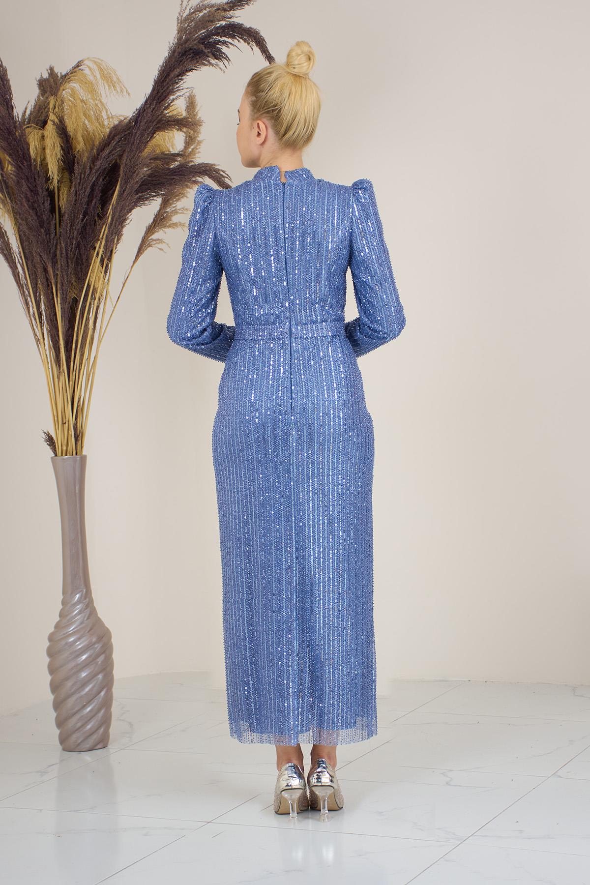 Tül Boncuk İşlemeli Bilek Boy Asel Abiye İndigo