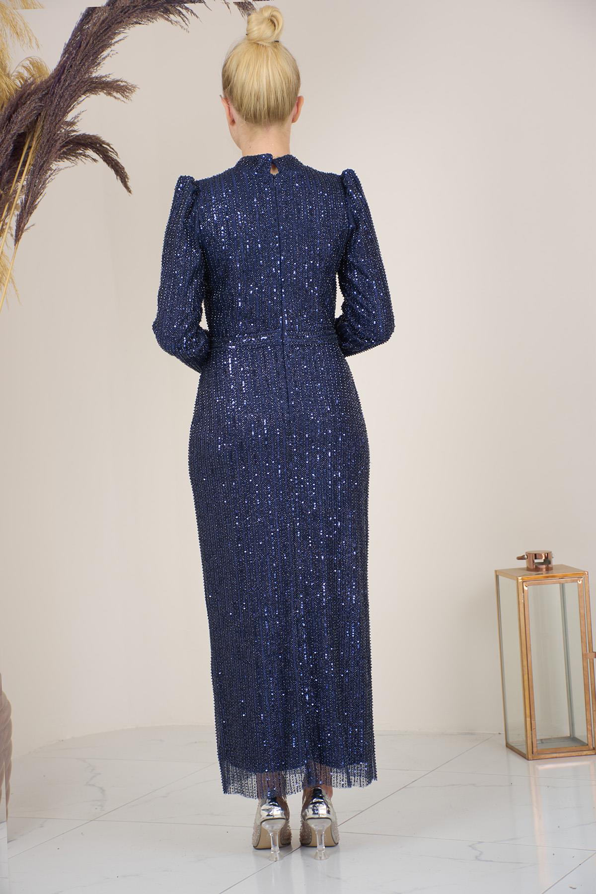 Tül Boncuk İşlemeli Bilek Boy  Asel Abiye Lacivert