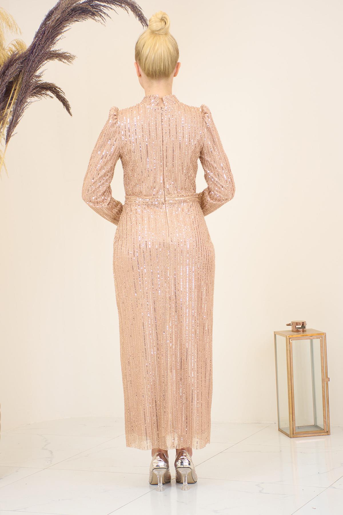 Tül Boncuk İşlemeli Bilek Boy Asel Abiye Gold