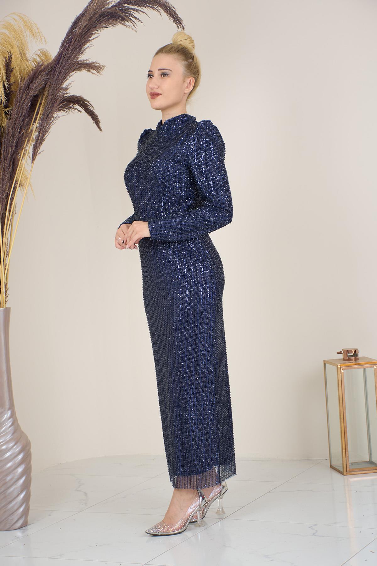 Tül Boncuk İşlemeli Bilek Boy  Asel Abiye Lacivert