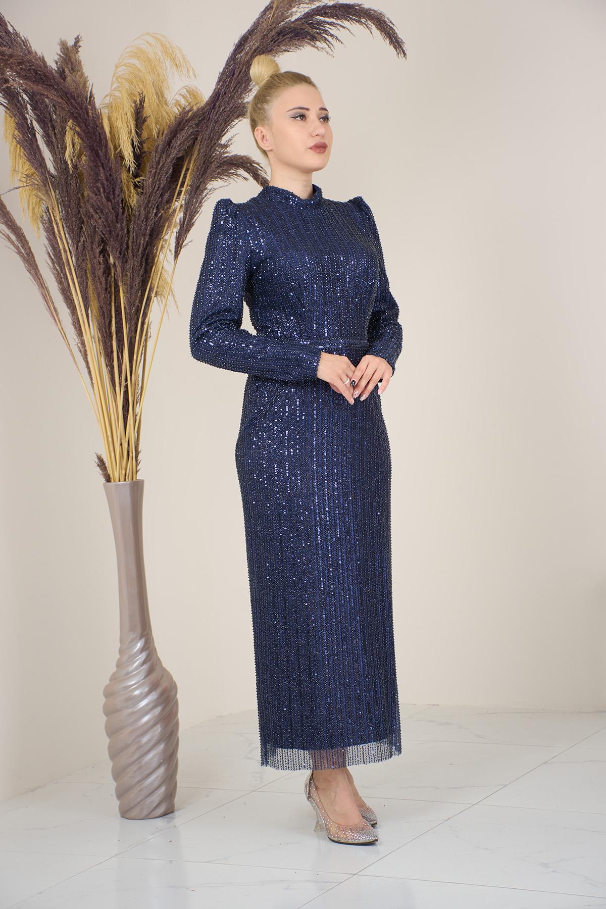 Tül Boncuk İşlemeli Bilek Boy  Asel Abiye Lacivert