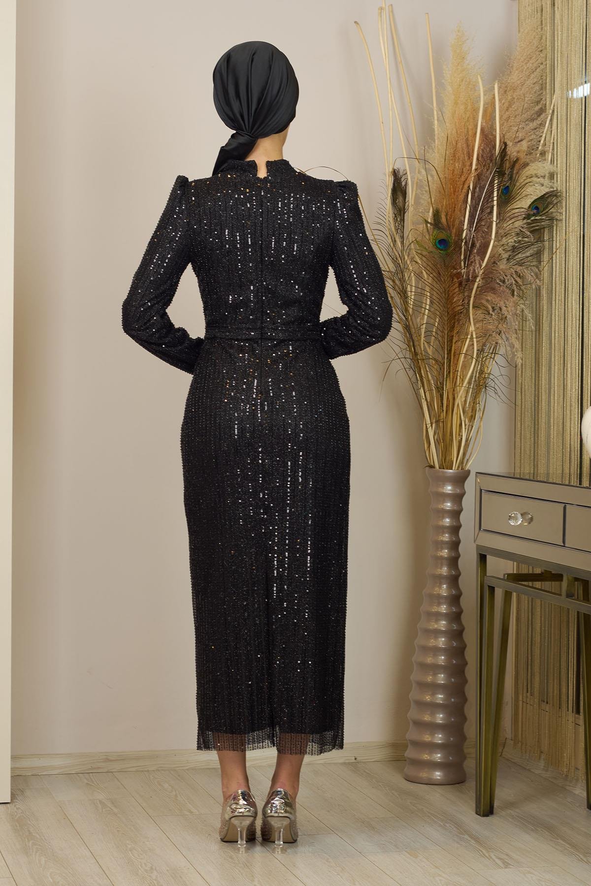 Tül Boncuk İşlemeli Bilek Boy  Asel Abiye Siyah