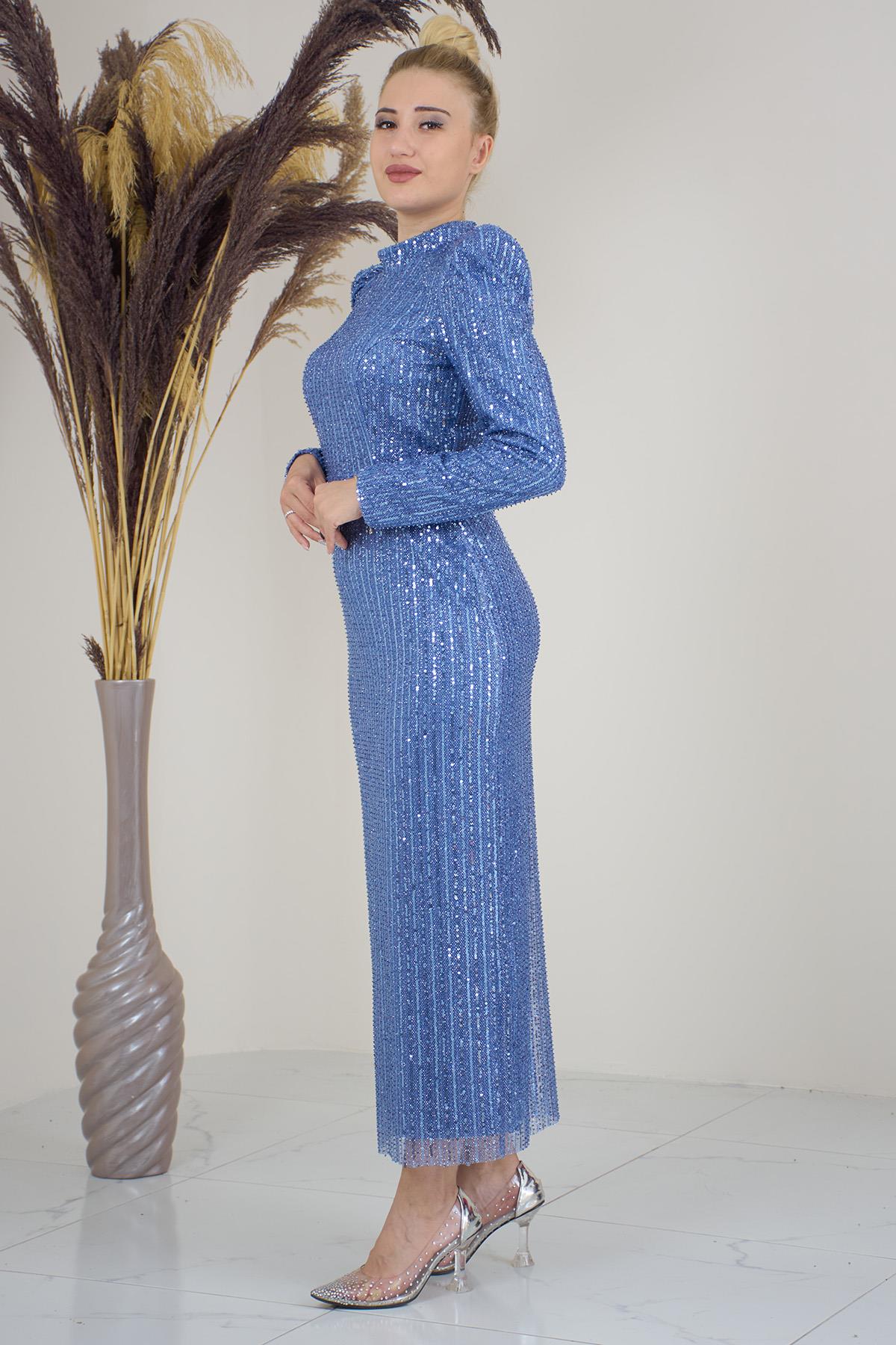 Tül Boncuk İşlemeli Bilek Boy Asel Abiye İndigo