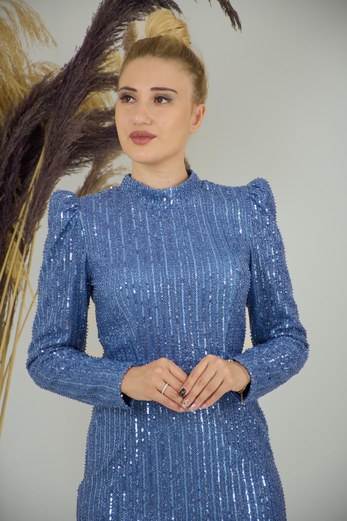 Tül Boncuk İşlemeli Bilek Boy Asel Abiye İndigo